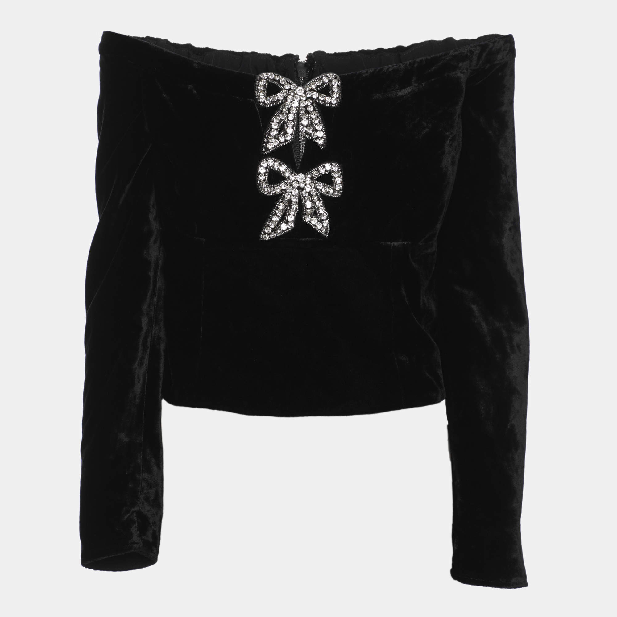 Pre Owned Self-Portrait Black Velvet Crystal Embellished Bow Bardot Tops M