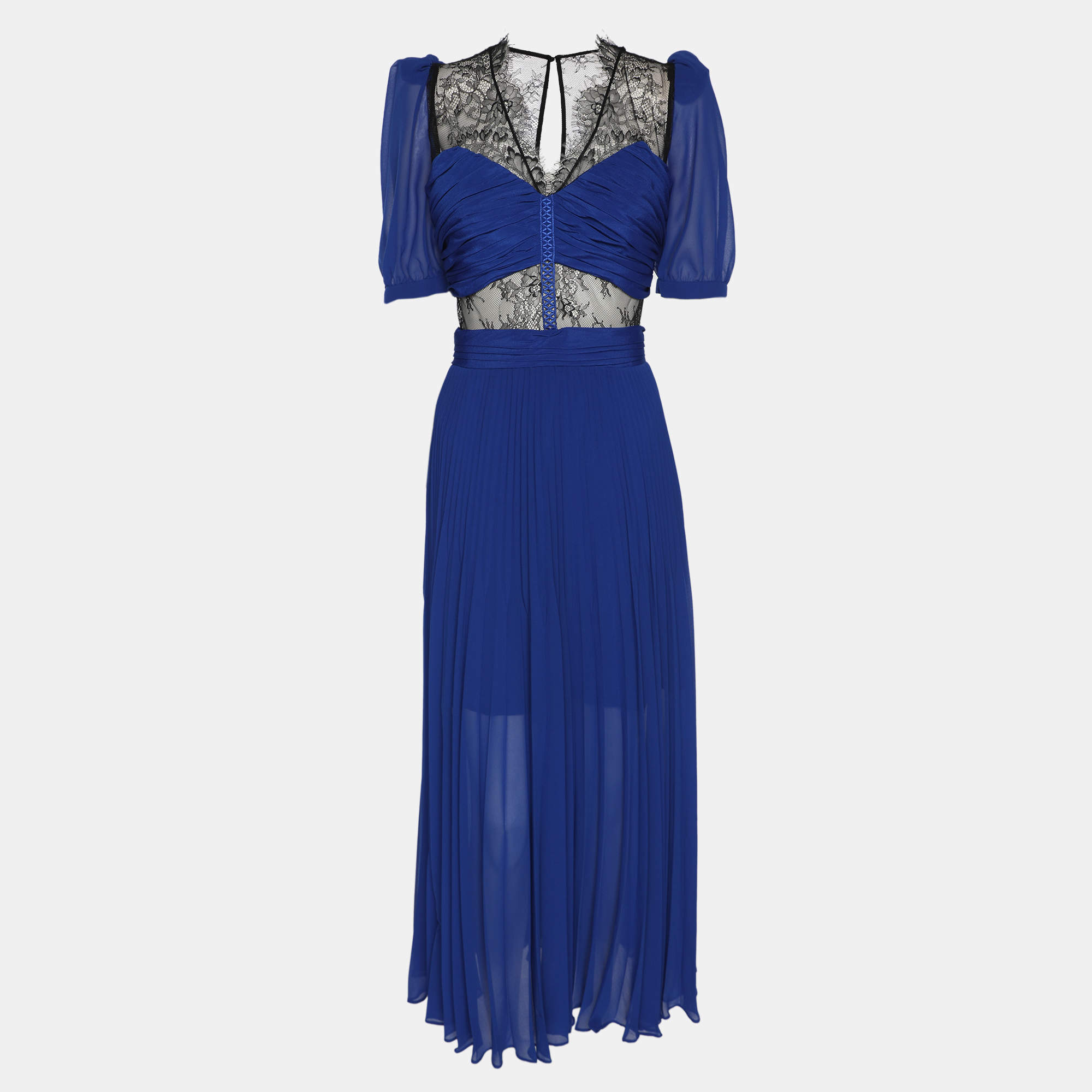 Pre Owned Self-Portrait Blue/Black Chiffon and Lace Paneled Sweetheart Neckline Midi Dress M