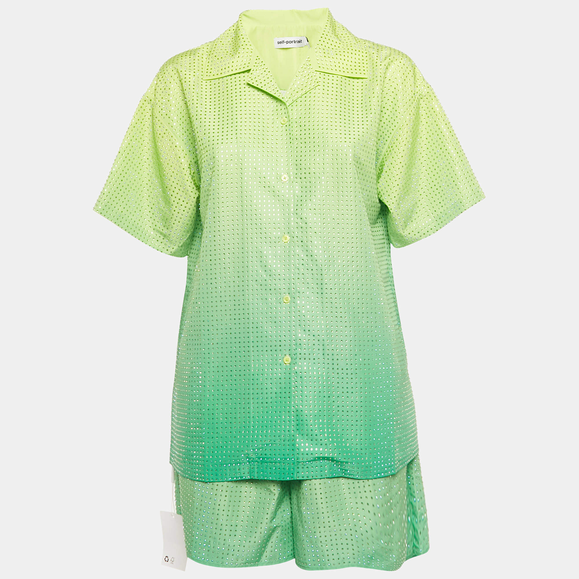 Pre Owned Self-Portrait Neon Green Rhinestone Embellished Taffeta Shirt &Shorts Set S/L