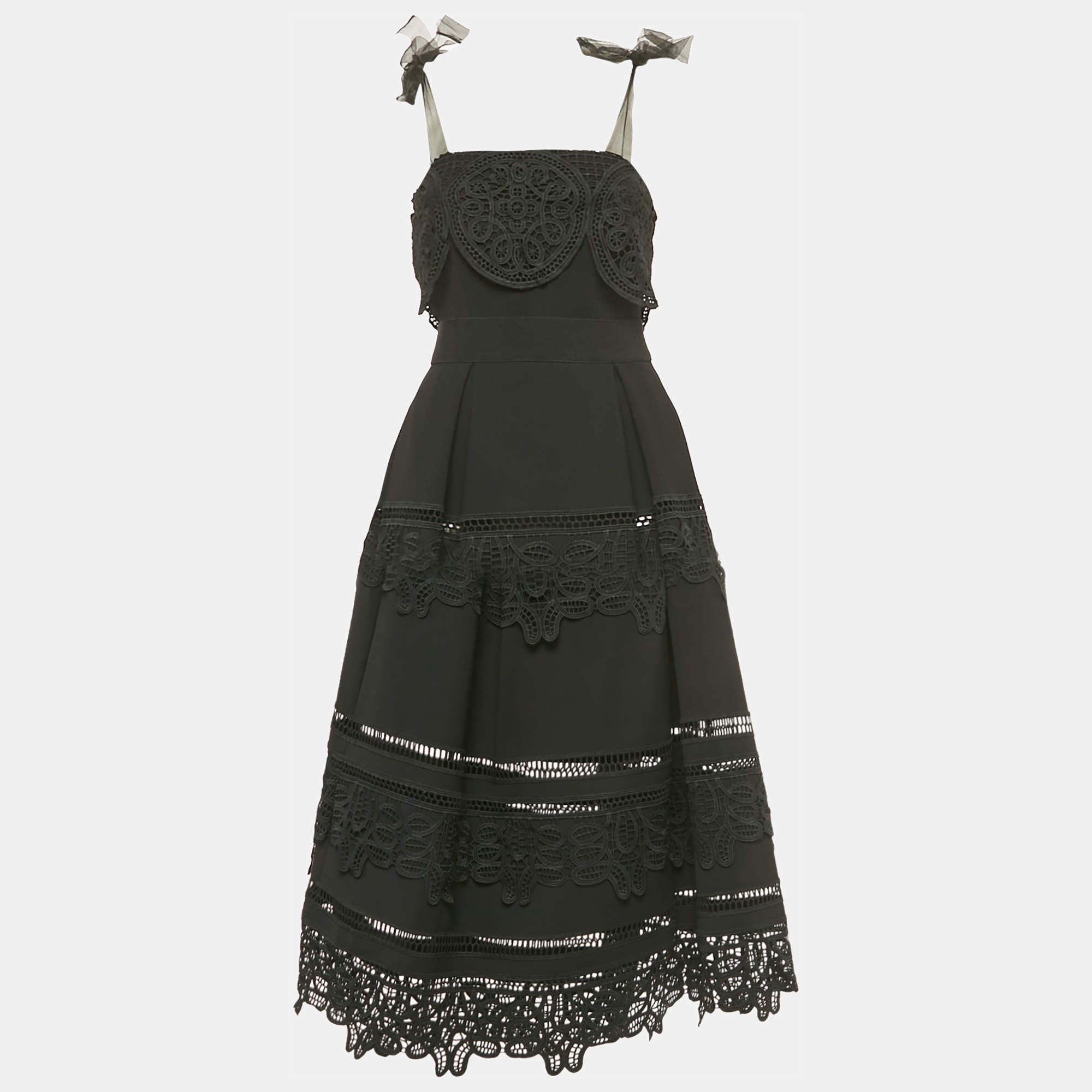 Pre Owned Self-Portrait Black Crepe Lace Trim Detail Tie-Up Strap Midi Dress S