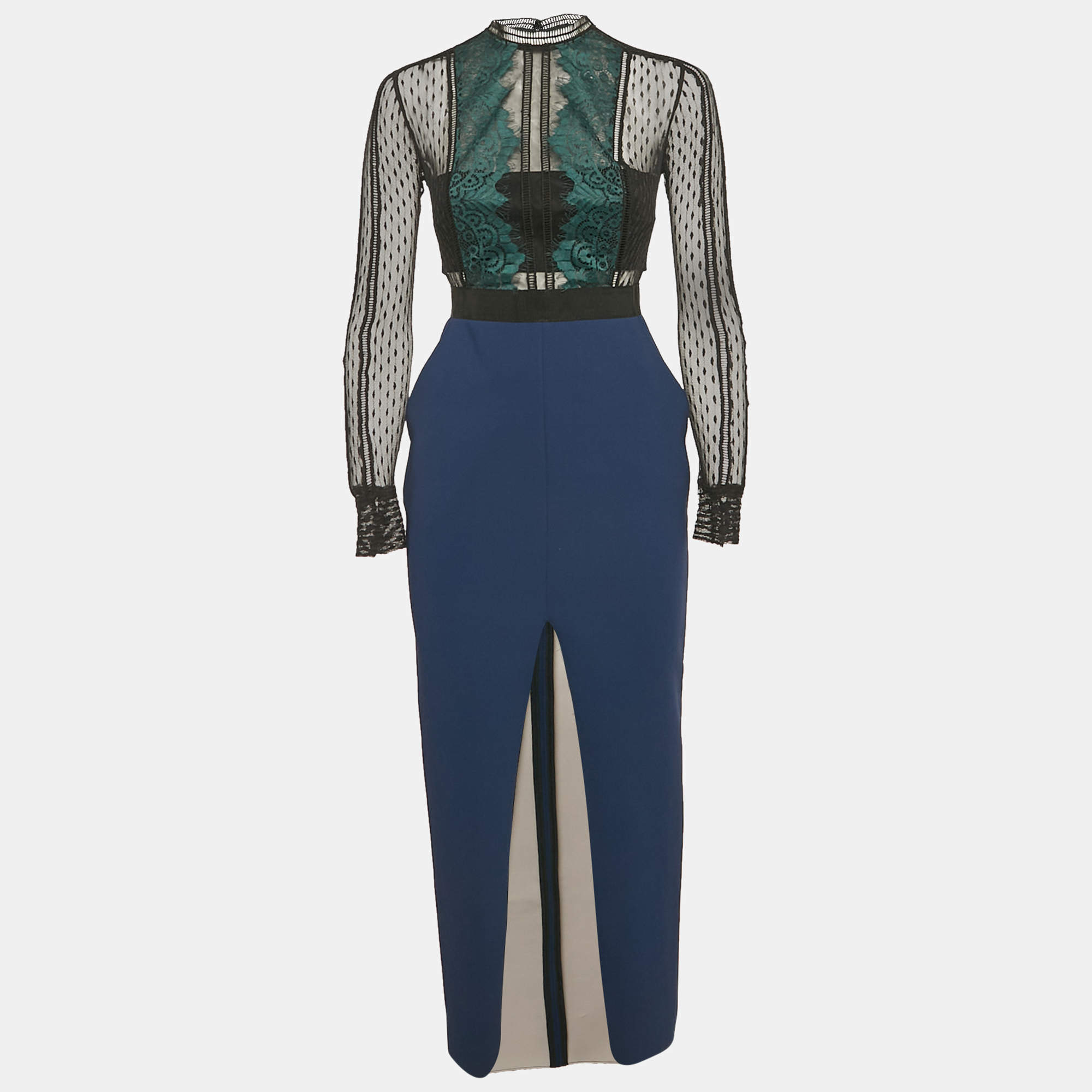 Pre Owned Self-Portrait Blue/Green Lace & Crepe Midi Dress M