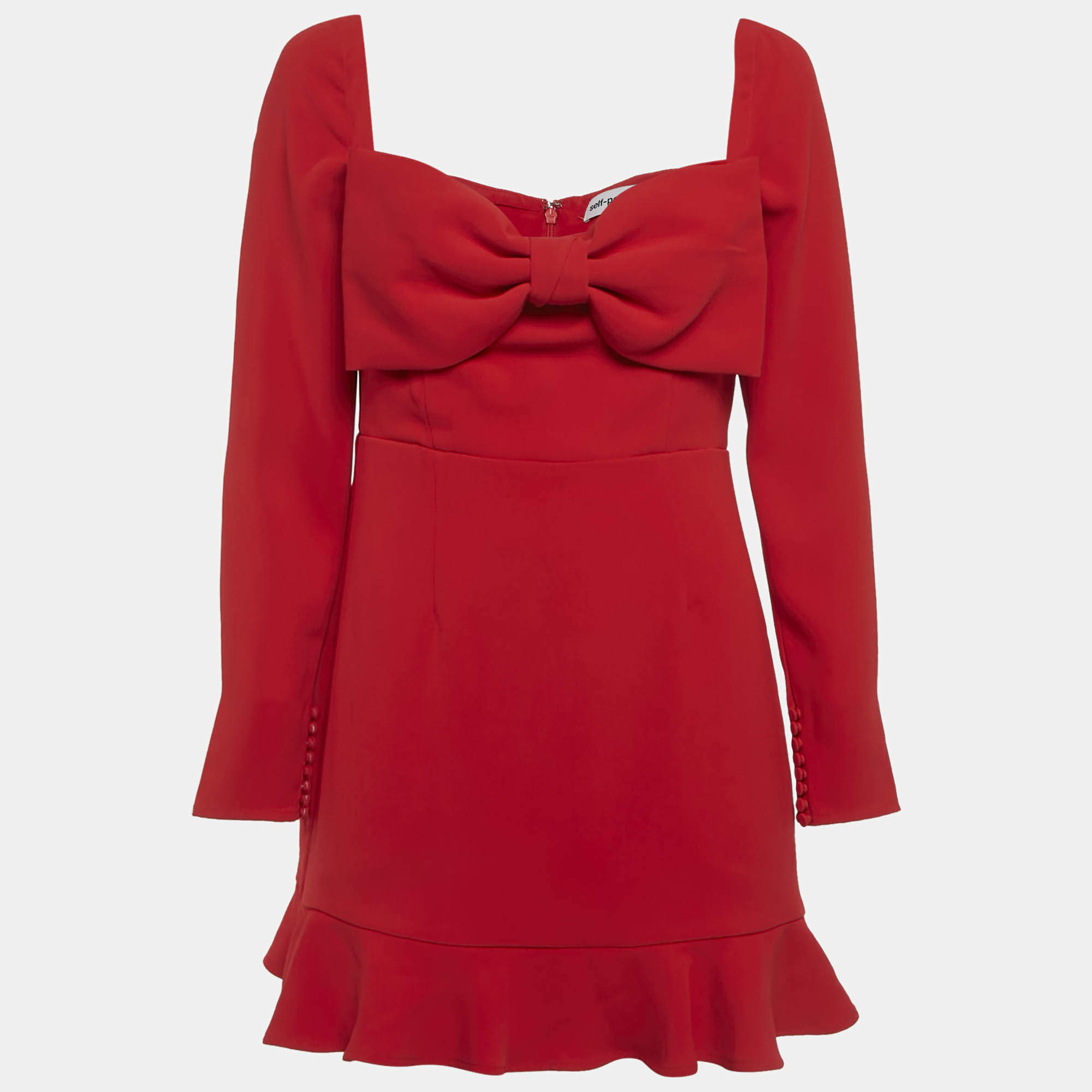 Pre Owned Self-Portrait Red Crepe Bow Detail Flounce Mini Dress M