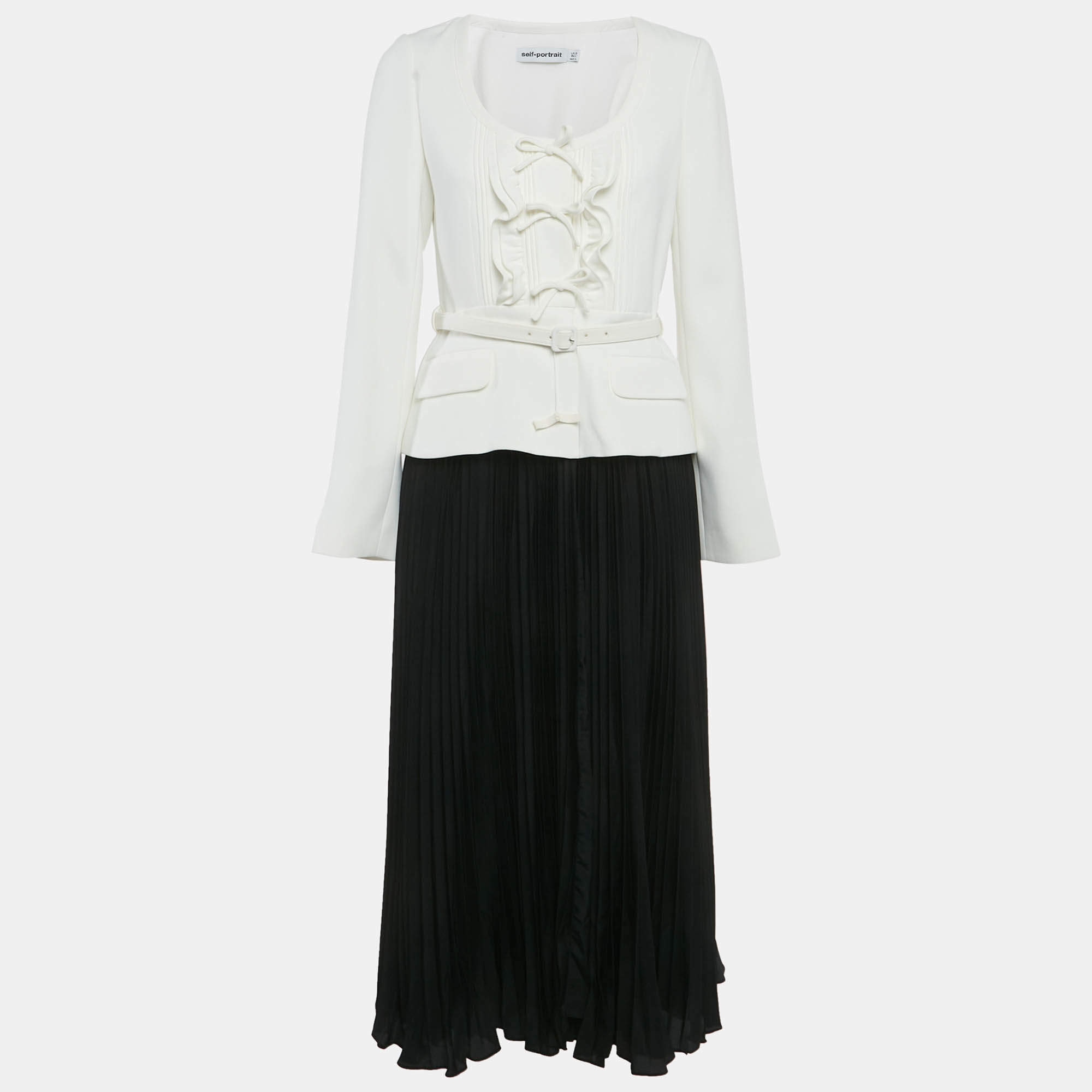 مملوكة مسبقًا Self-Portrait White /Black Crepe Blazer Midi Dress M
