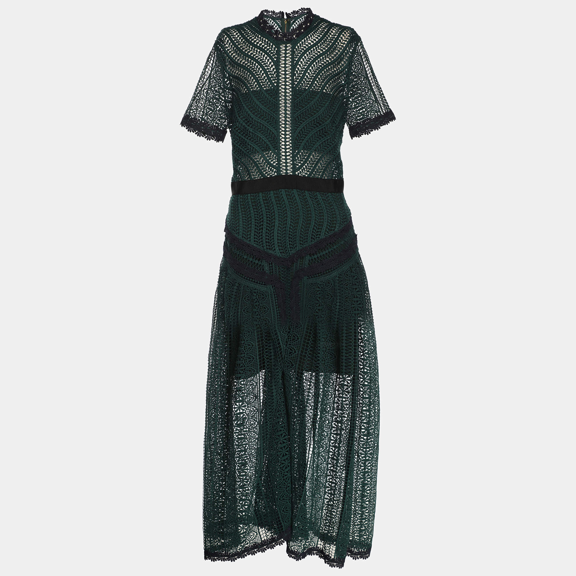 Pre Owned Self-Portrait Green Wave Lace Midi Dress S