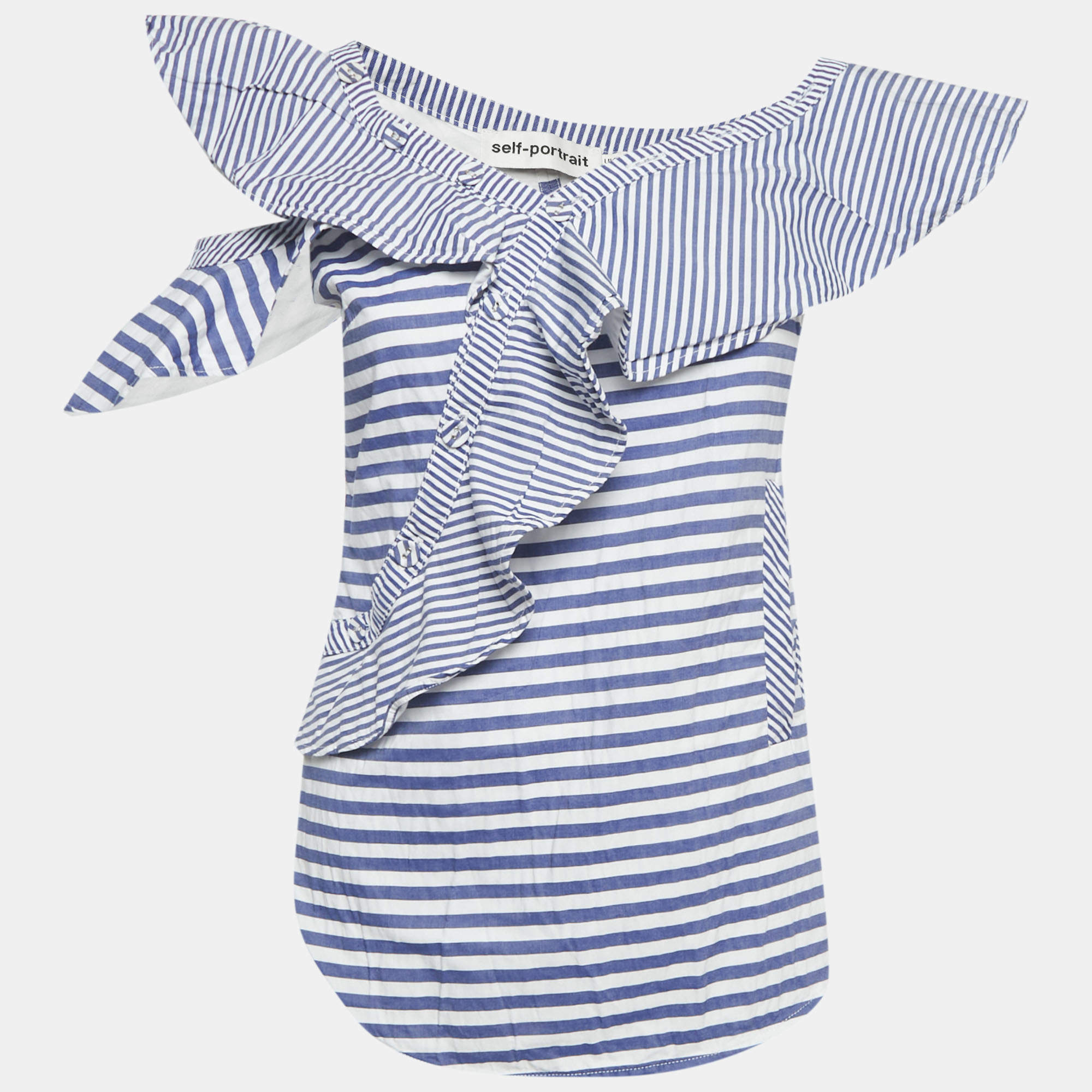 Pre Owned Self-Portrait Blue Striped Cotton Asymmetric Top M