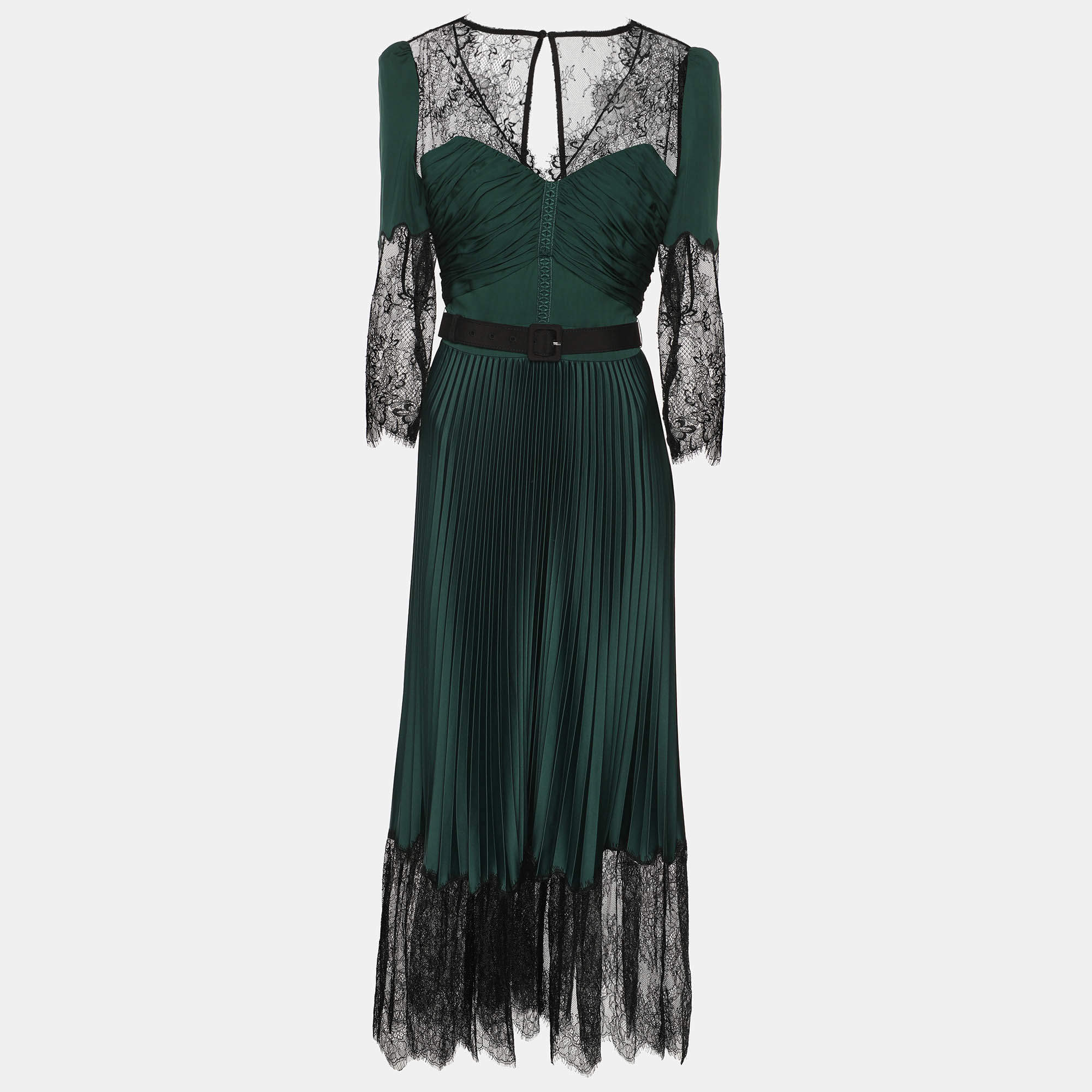 Pre Owned Self-Portrait Green/Black Satin and Lace Pleated Belted Midi Dress S