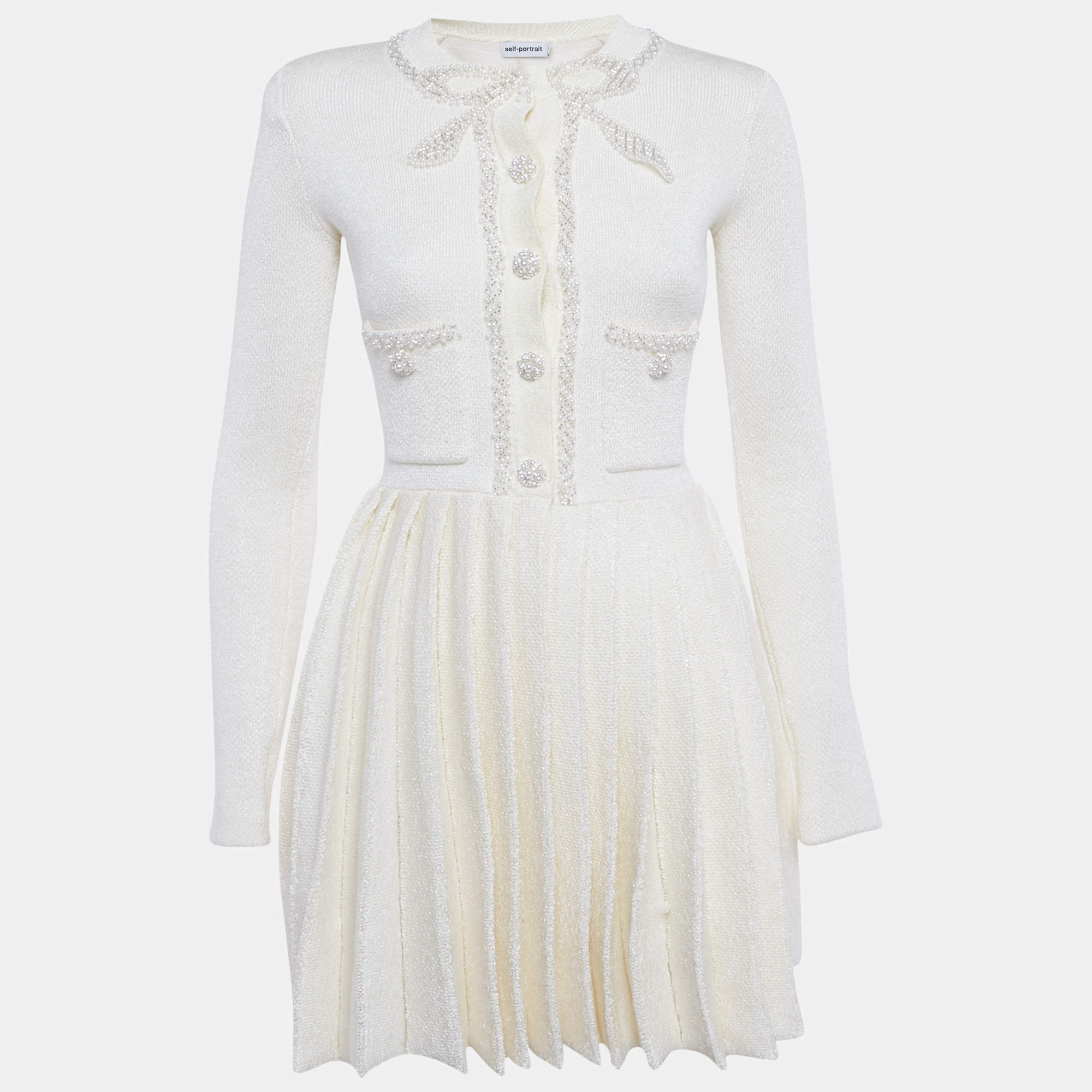 Pre Owned Self-Portrait Cream Embellished Bow Pleated Knit Mini Dress S