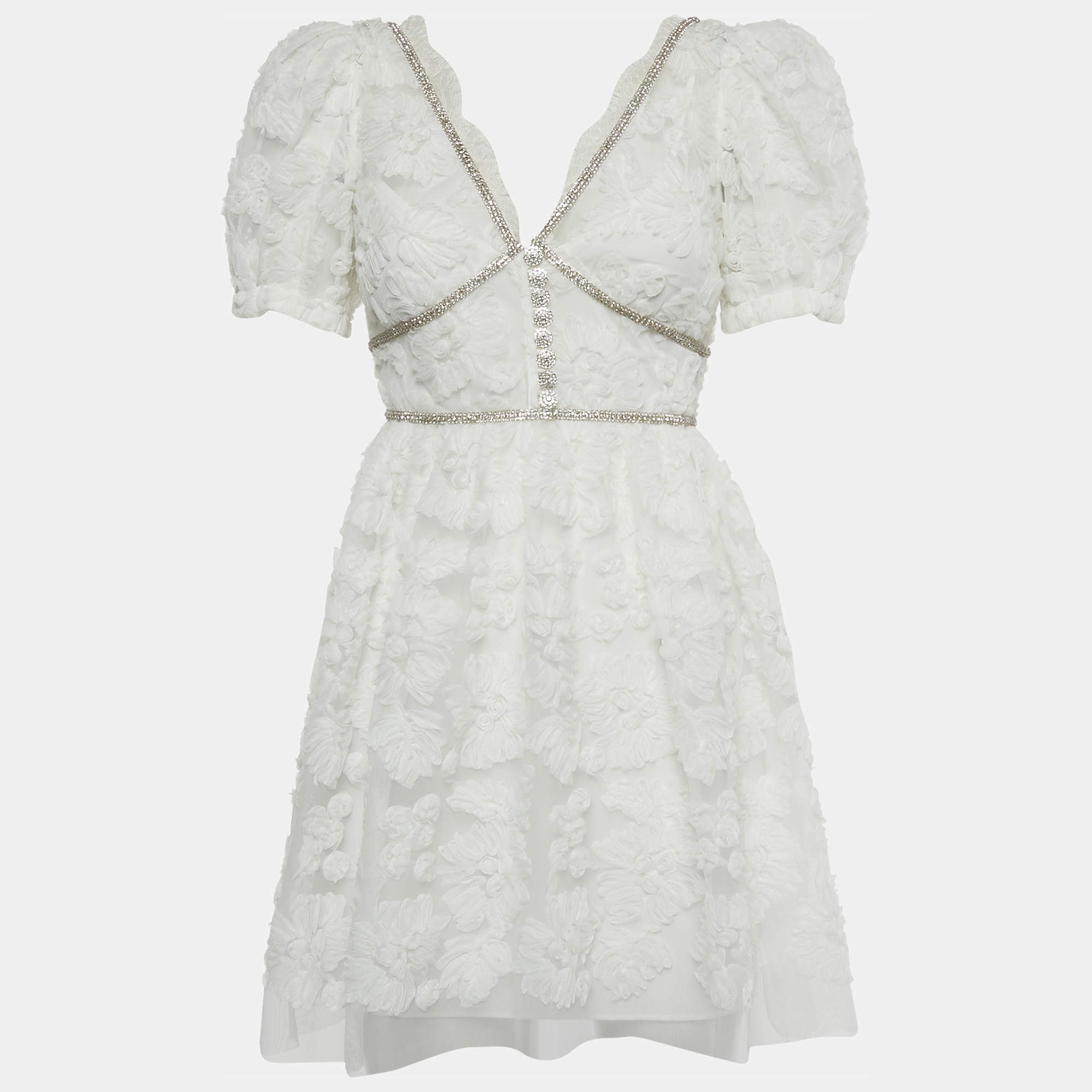 Pre Owned Self-Portrait White Crystal Embellished Ribbon Lace Mini Dress XS