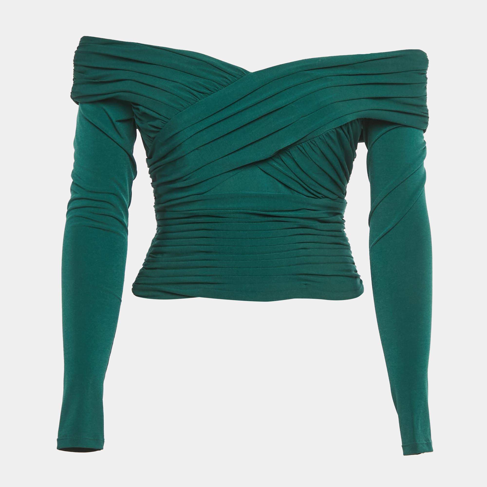 Pre Owned Self-Portrait Teal Blue Pleated Jersey Crossover Top S