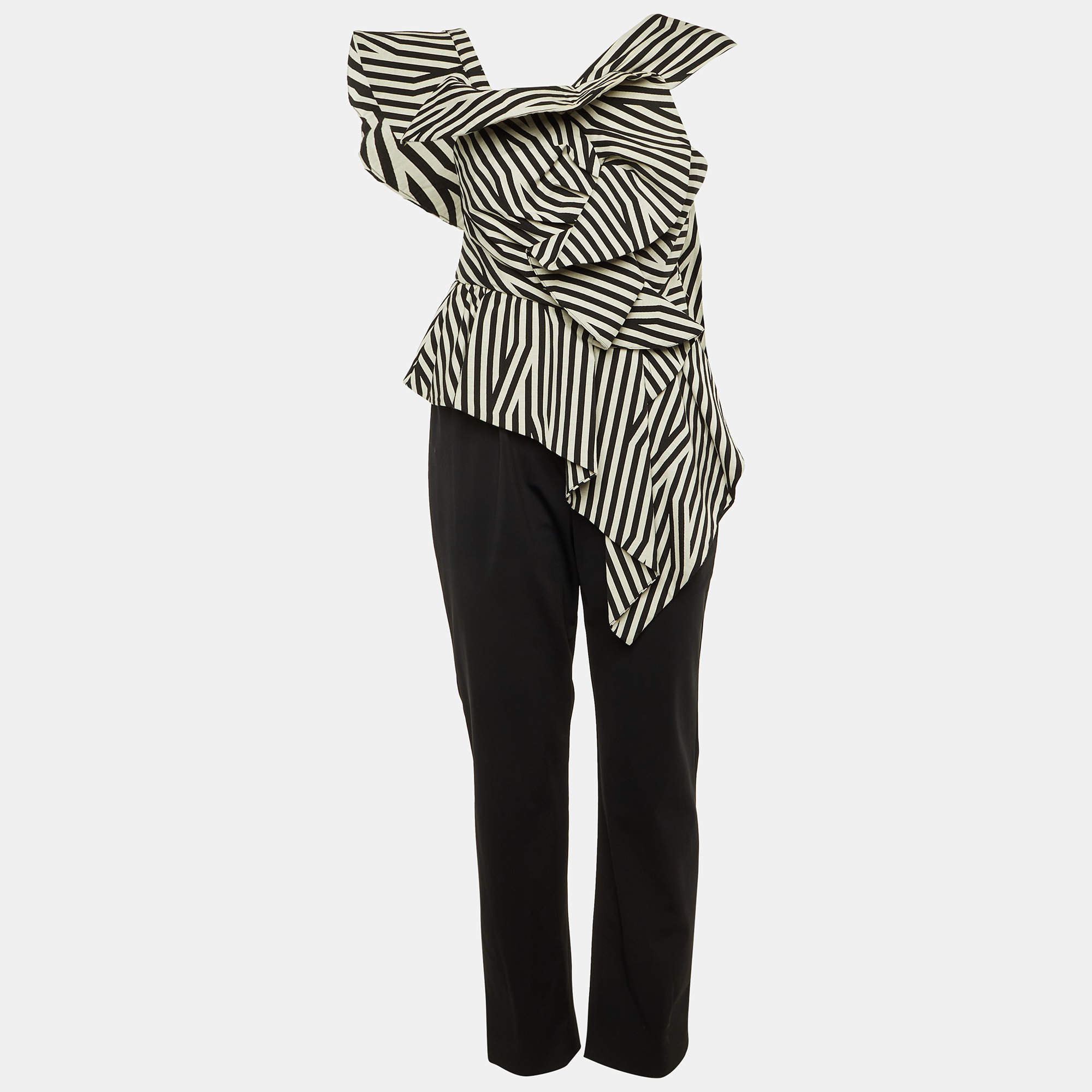 Pre Owned Self-Portrait Black/White Crepe Asymmetrical Striped Ruffle Jumpsuit M