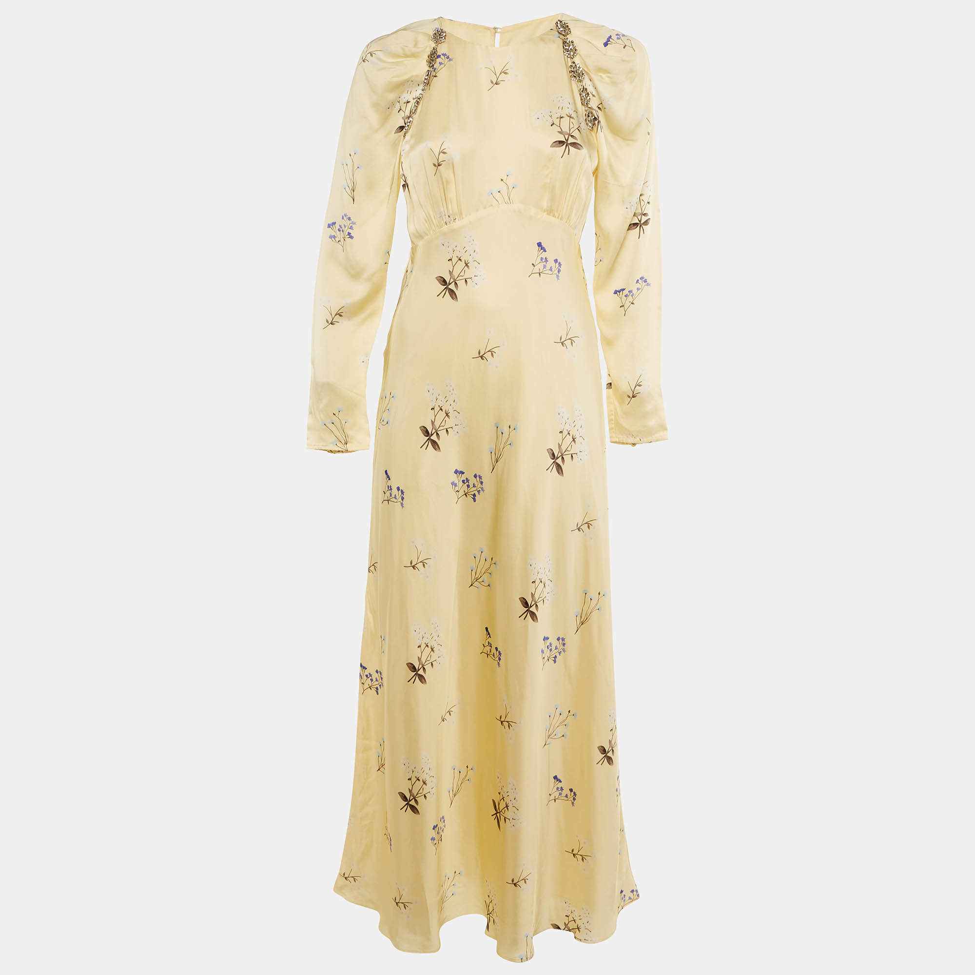 Pre Owned Self-Portrait Yellow Vintage Floral Satin Embellished Maxi Dress M