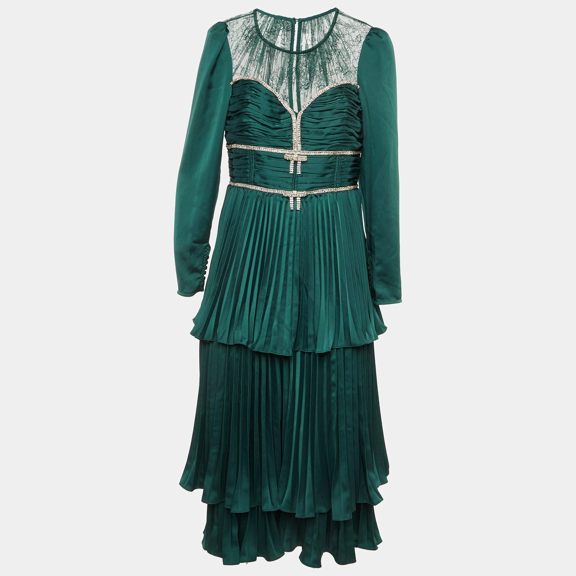 Pre Owned Self-Portrait Green Satin Crystal Embellished Tiered Maxi Dress L