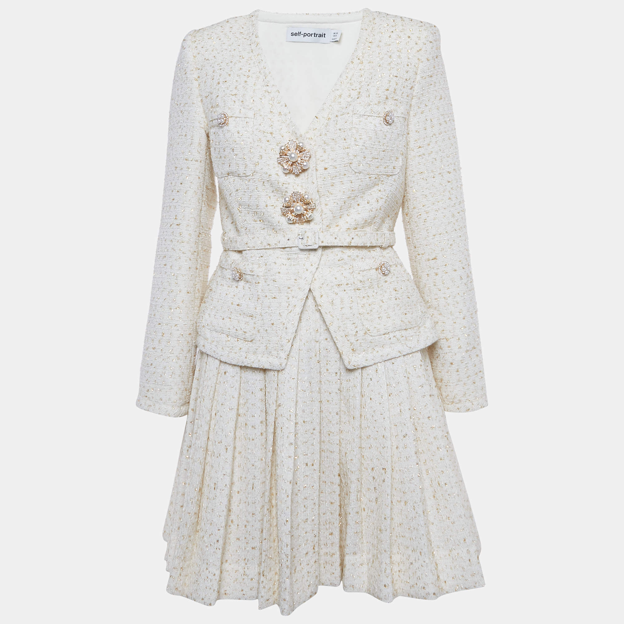 Pre Owned Self-Portrait Cream Metallic Boucle Mini Jacket Dress M