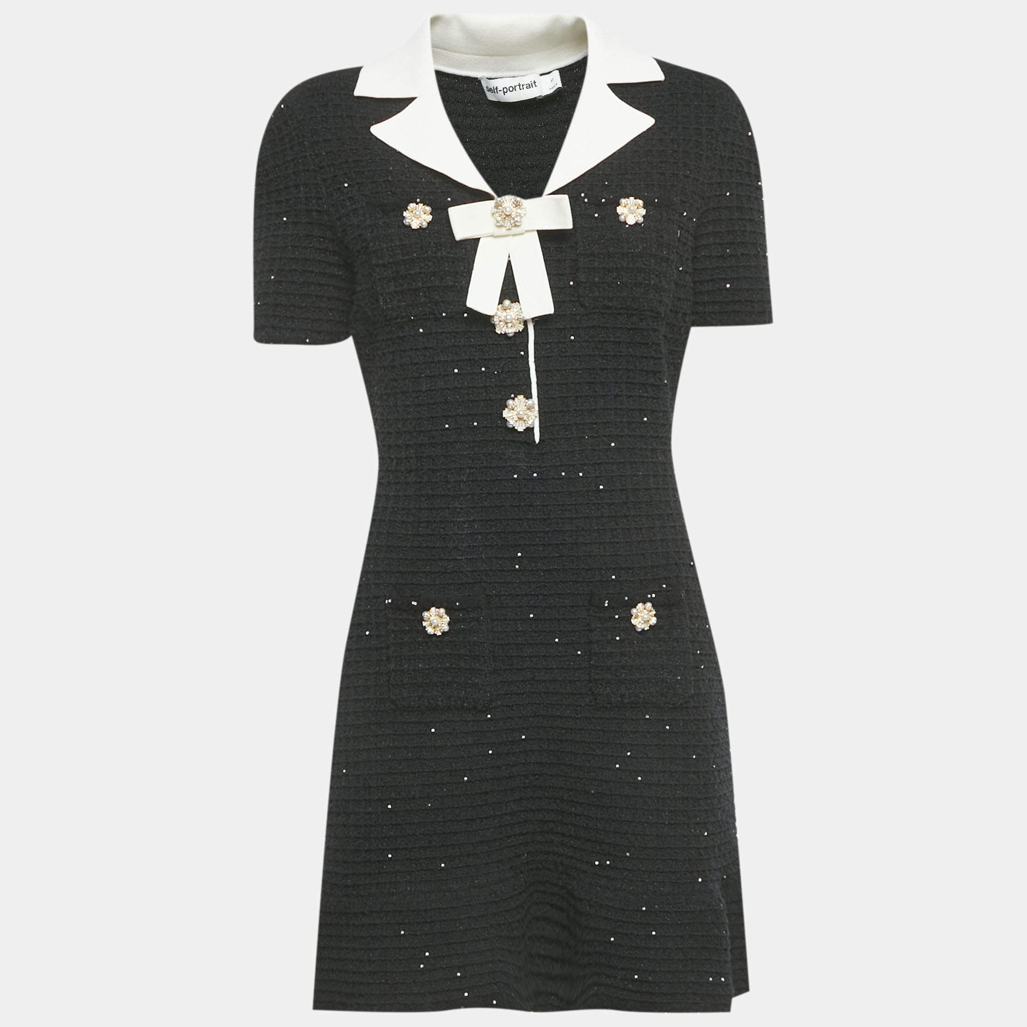 Pre Owned Self-Portrait Black Sequin Tweed Knit Bow Mini Dress M