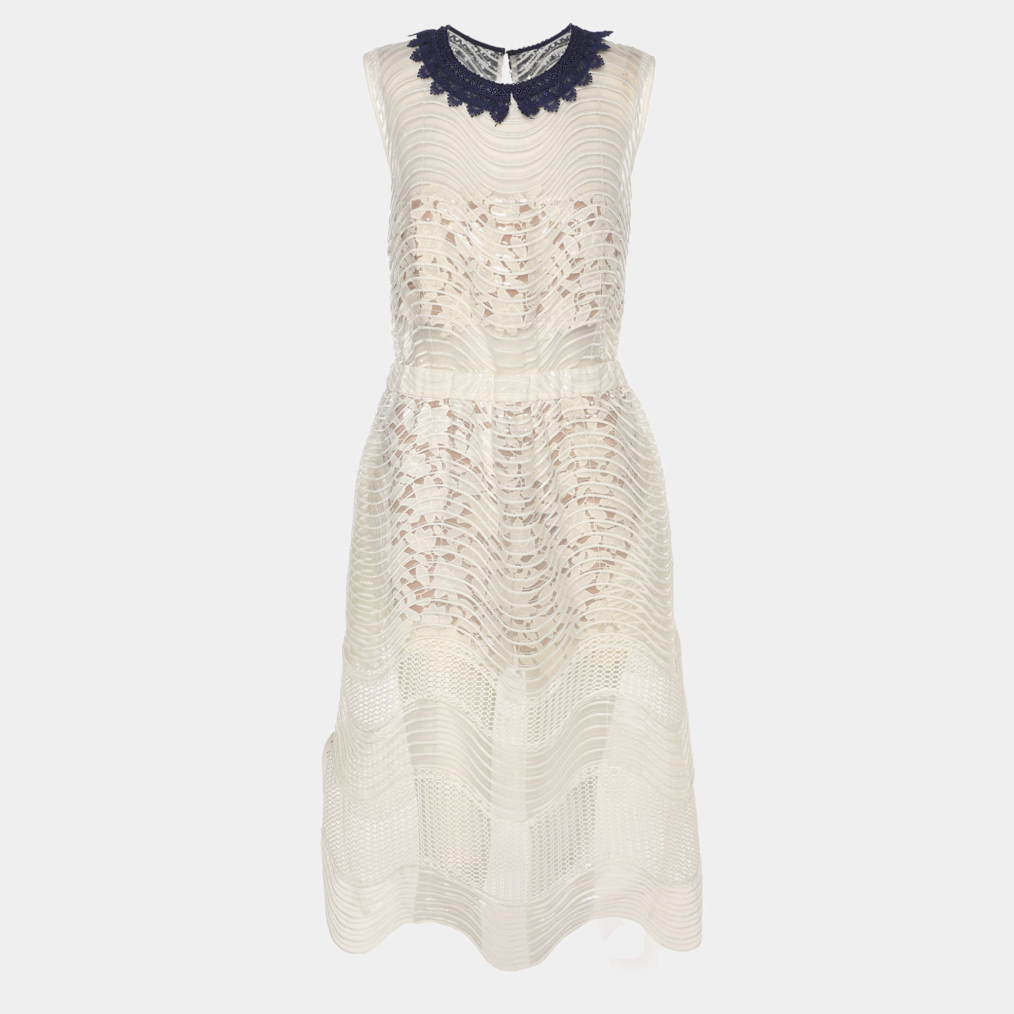 Pre Owned Self-Portrait White Sequined Lace Romper Detail Sleeveless Midi Dress M