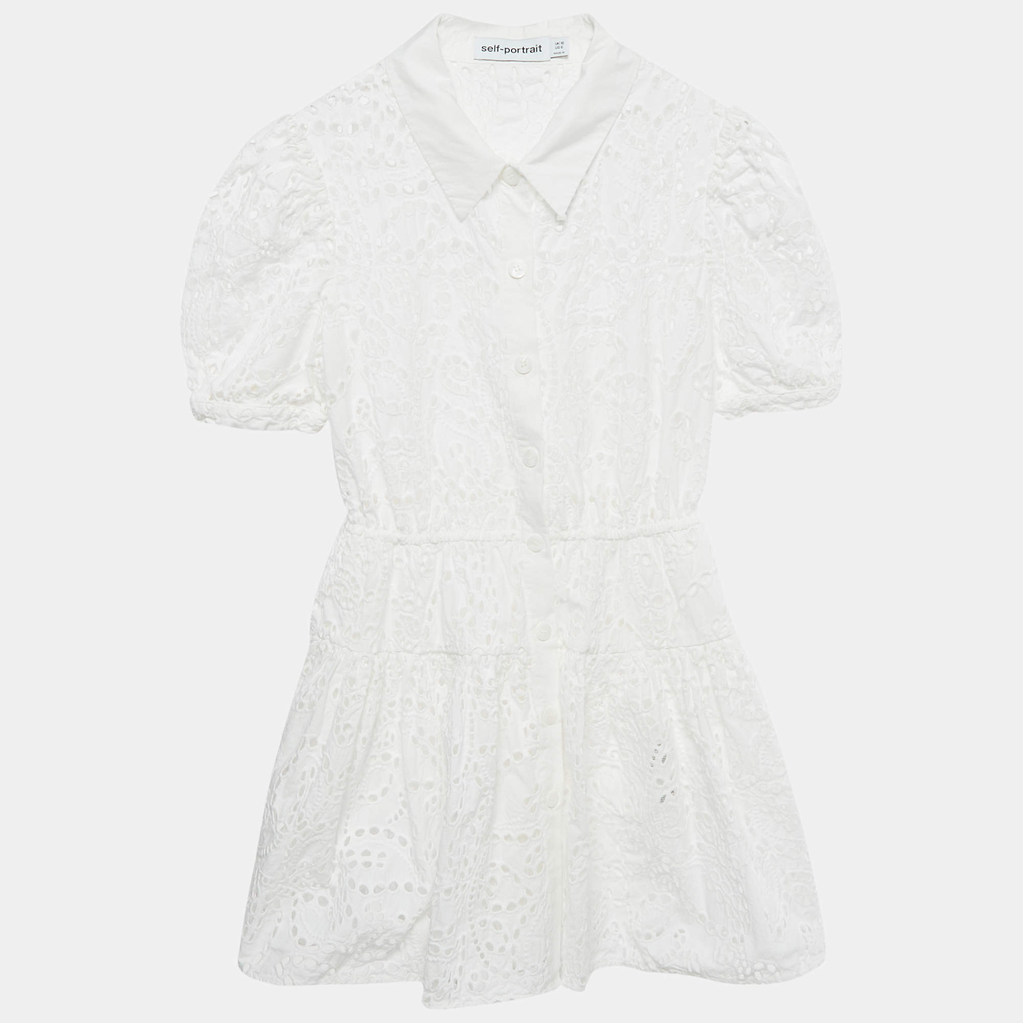 Pre Owned Self-Portrait White Broderie Anglaise Cotton Mini Dress M