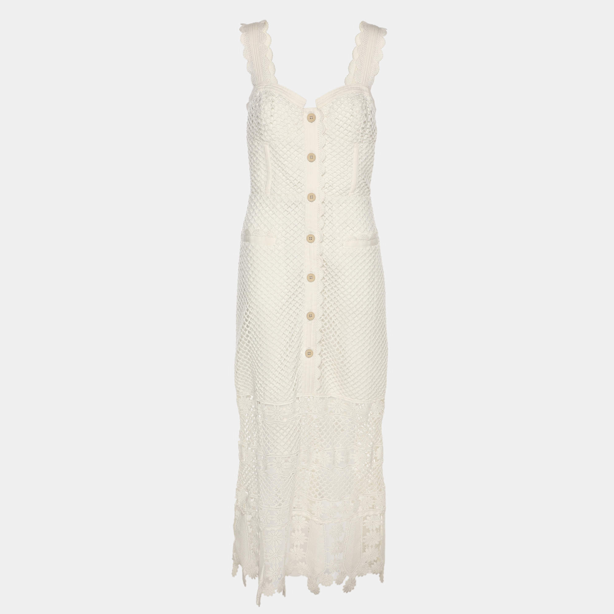 Pre Owned Self-Portrait White Fishnet Crochet and Lace Midi Dress M