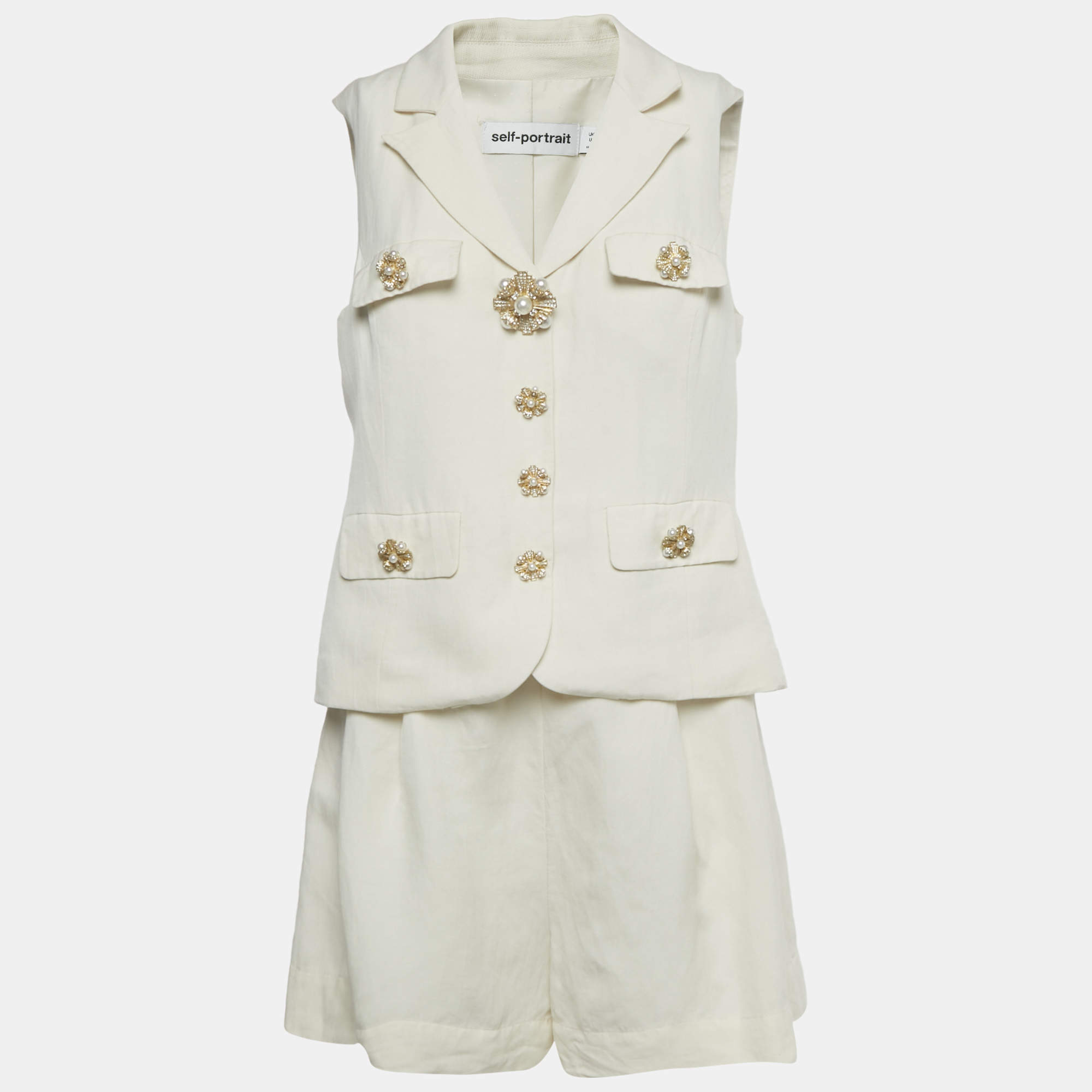 Pre Owned Self-Portrait Cream Linen Blend Playsuit M