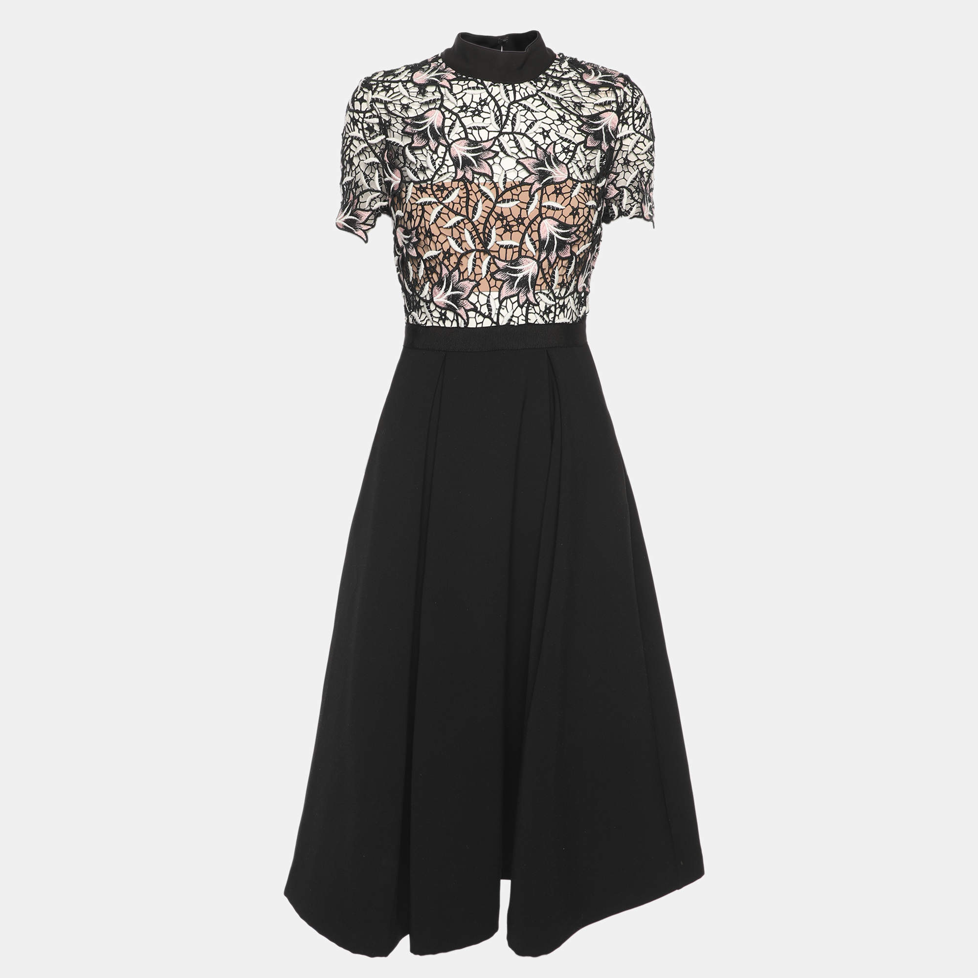 مملوكة مسبقًا فستان ميدي سيلف بورتريه كريب بحواف دانتيل أسود مقاس متوسط - ميديوم