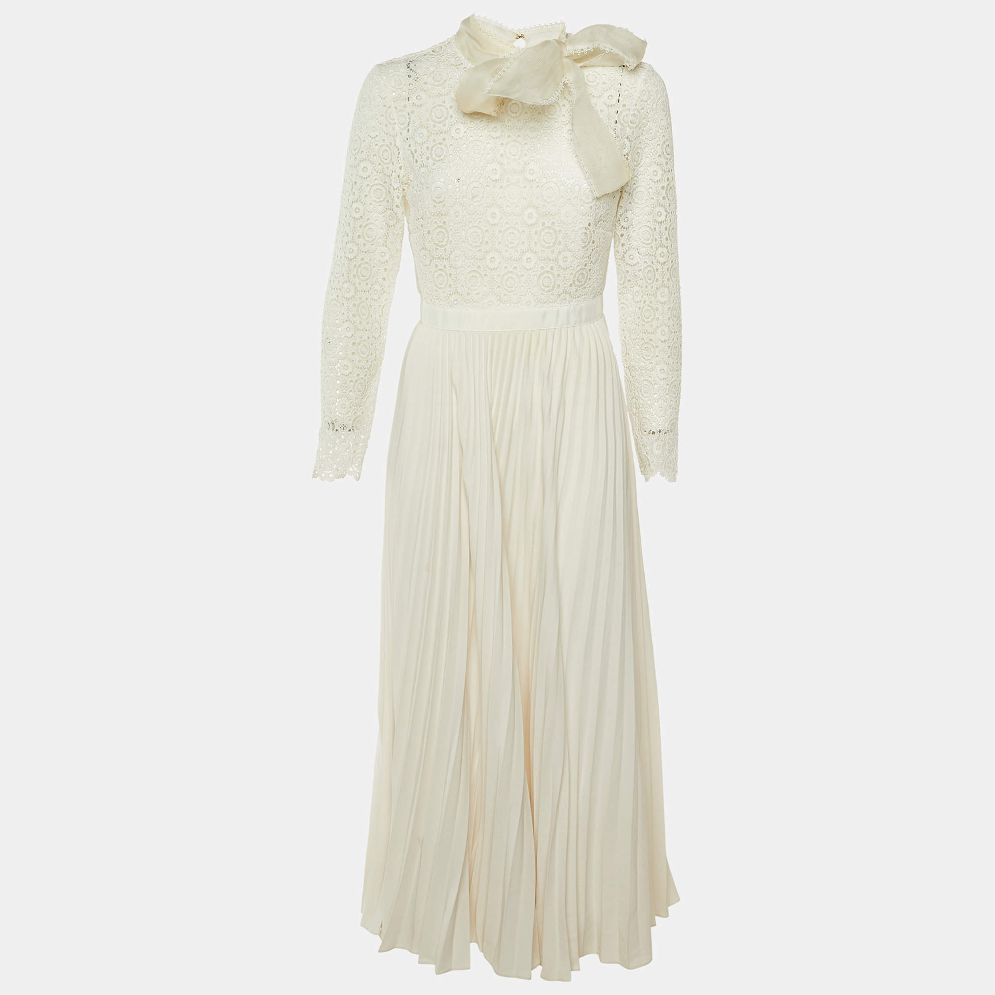 مملوكة مسبقًا فستان سيلف بورتريه دانتيل وبلسيه عاجي تفاصيل ربطة العنق للزفاف مقاس متوسط - ميديم