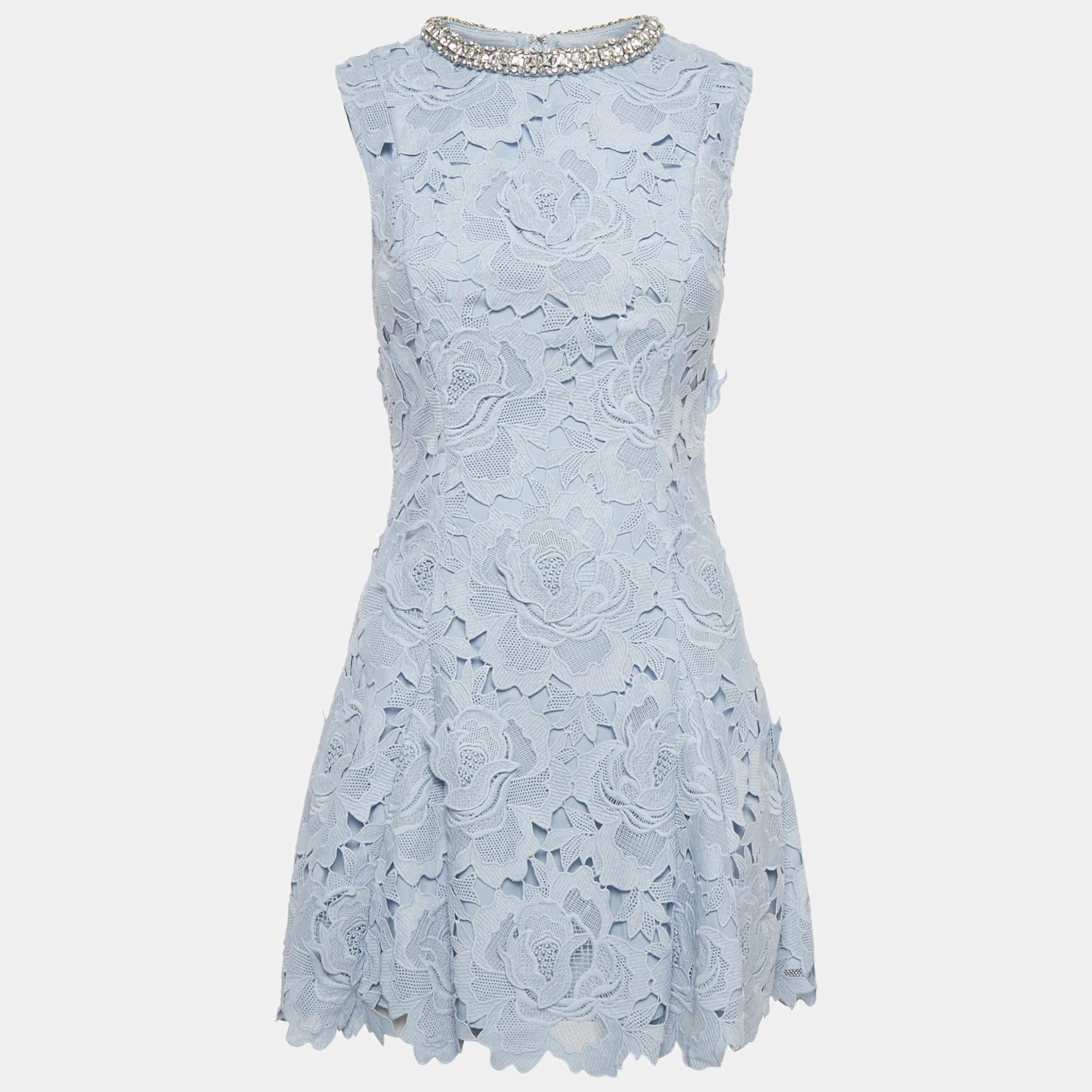مملوكة مسبقًا Self-Portrait Blue Flower Lace Crystal Detail Mini Dress S