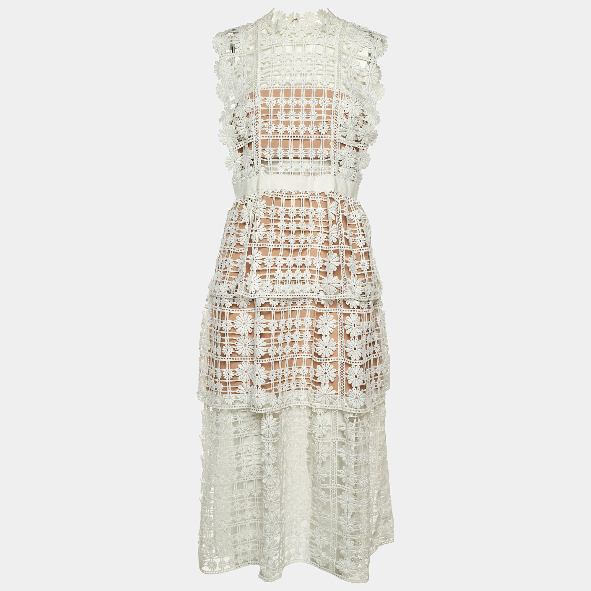 Pre Owned Self-Portrait White Floral Lattice Lace Sleeveless Midi Dress M