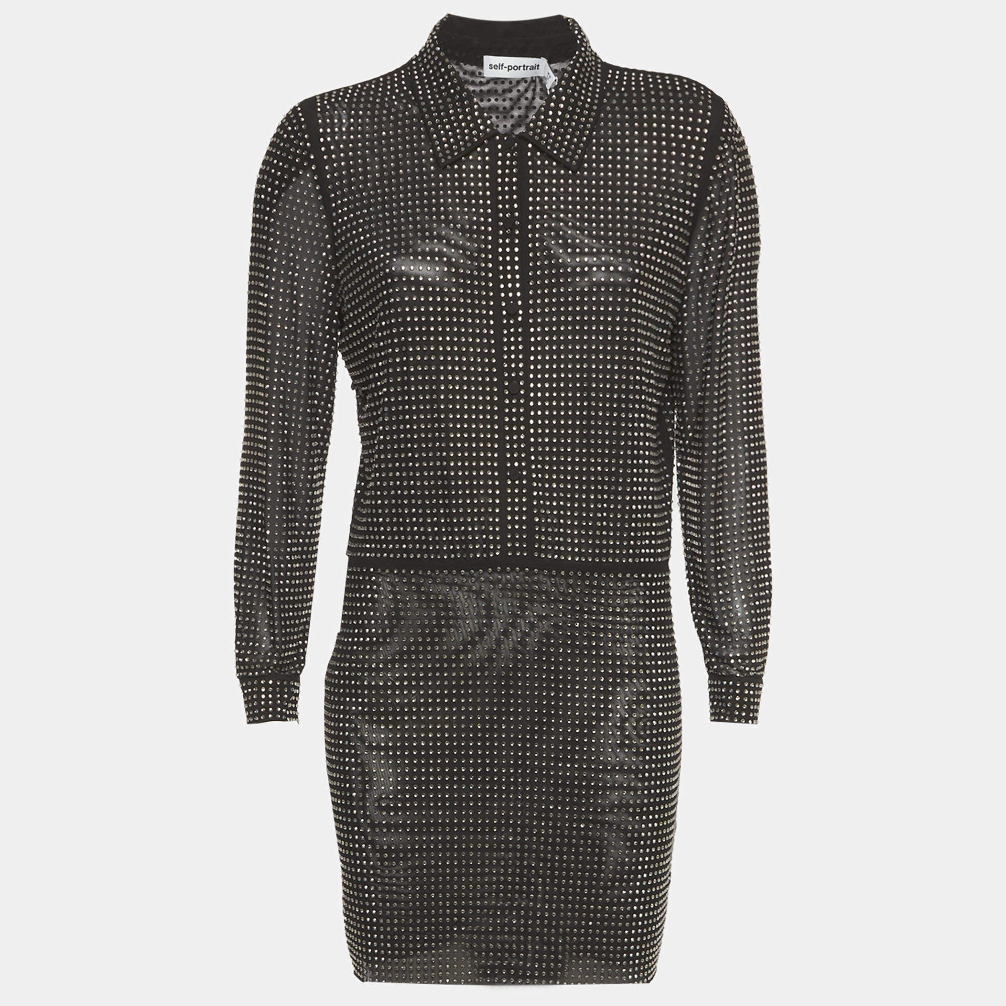 Pre Owned Self-Portrait Black Mesh Rhinestone Mini Shirt Dress M