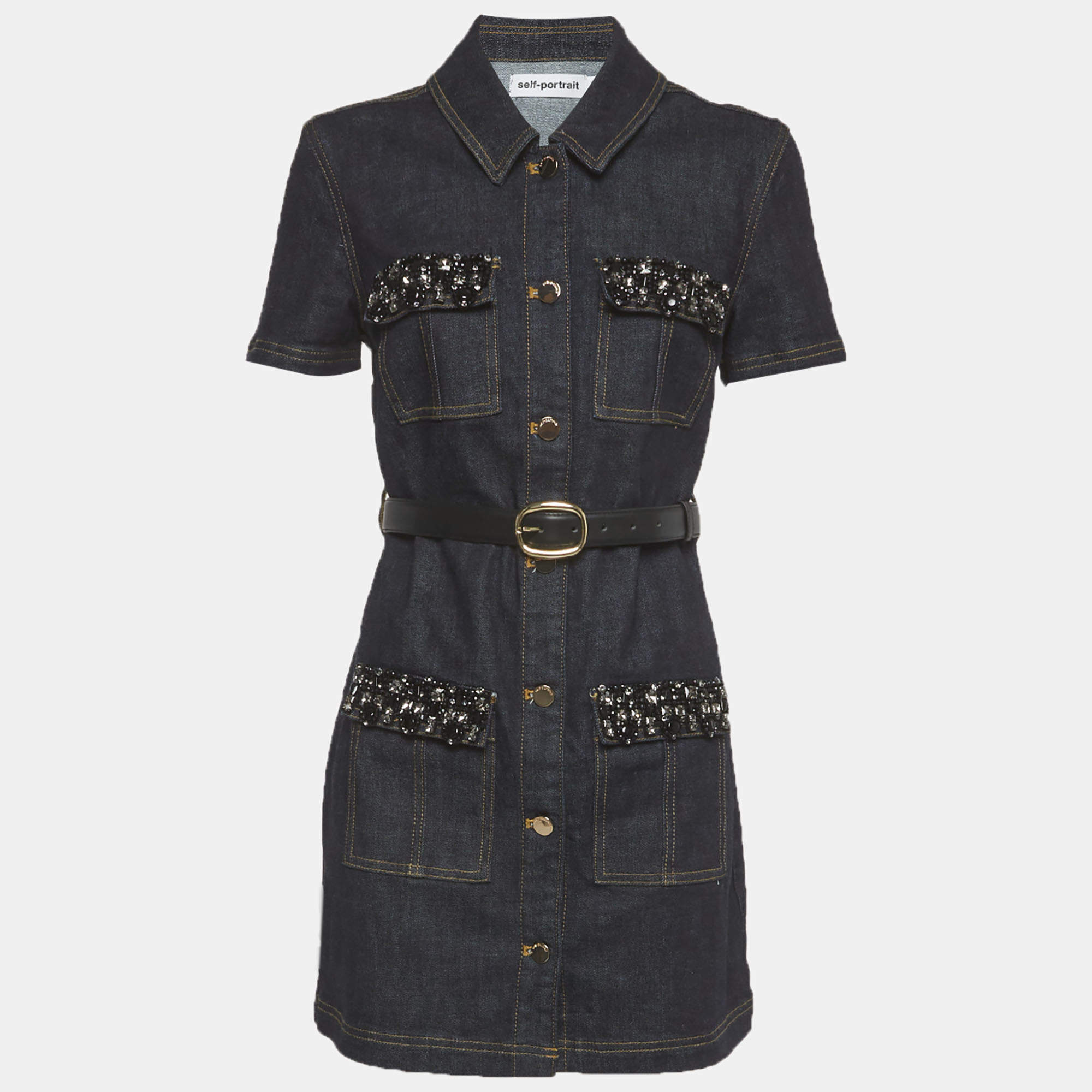 مملوكة مسبقًا Self-Portrait Blue Denim Crystal Trim Mini Dress M