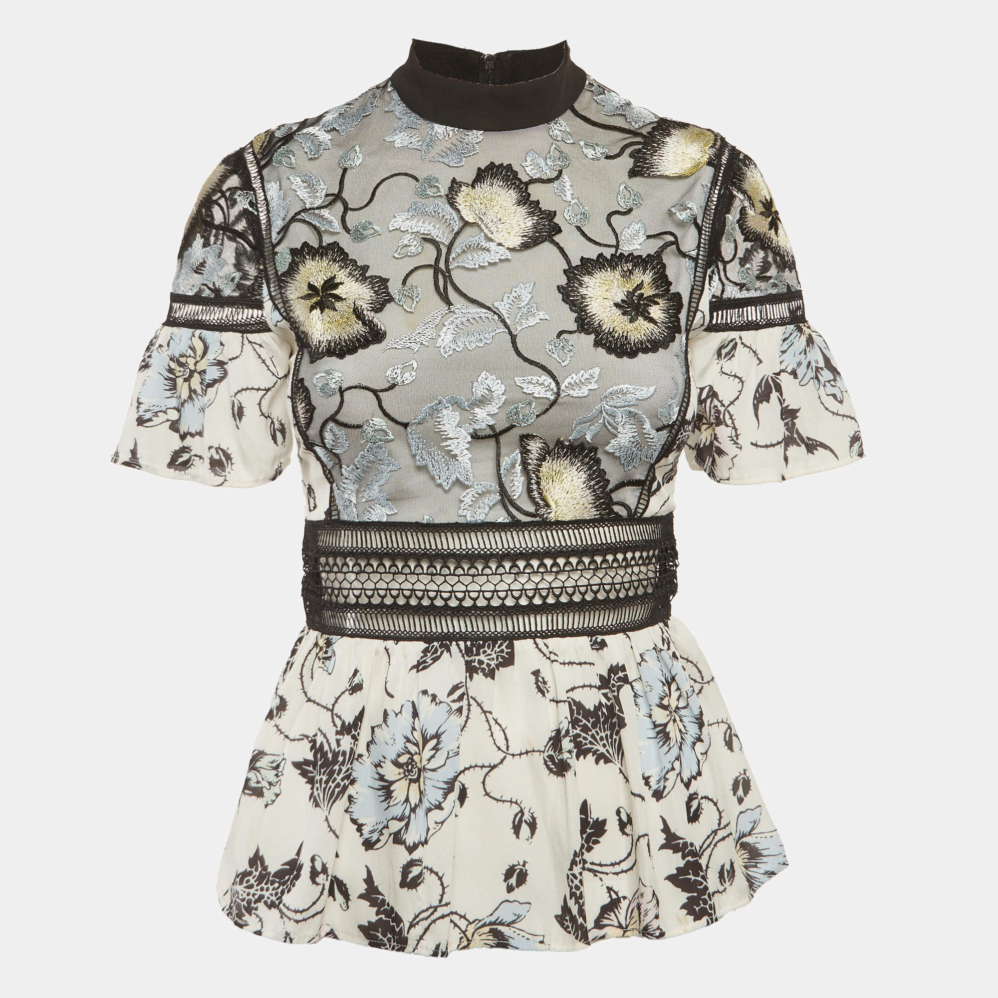 Pre Owned توب سيلف - بورتريه كريب متعدد الألوان مطرز بالزهور مكشكش مقاس صغير - سمول