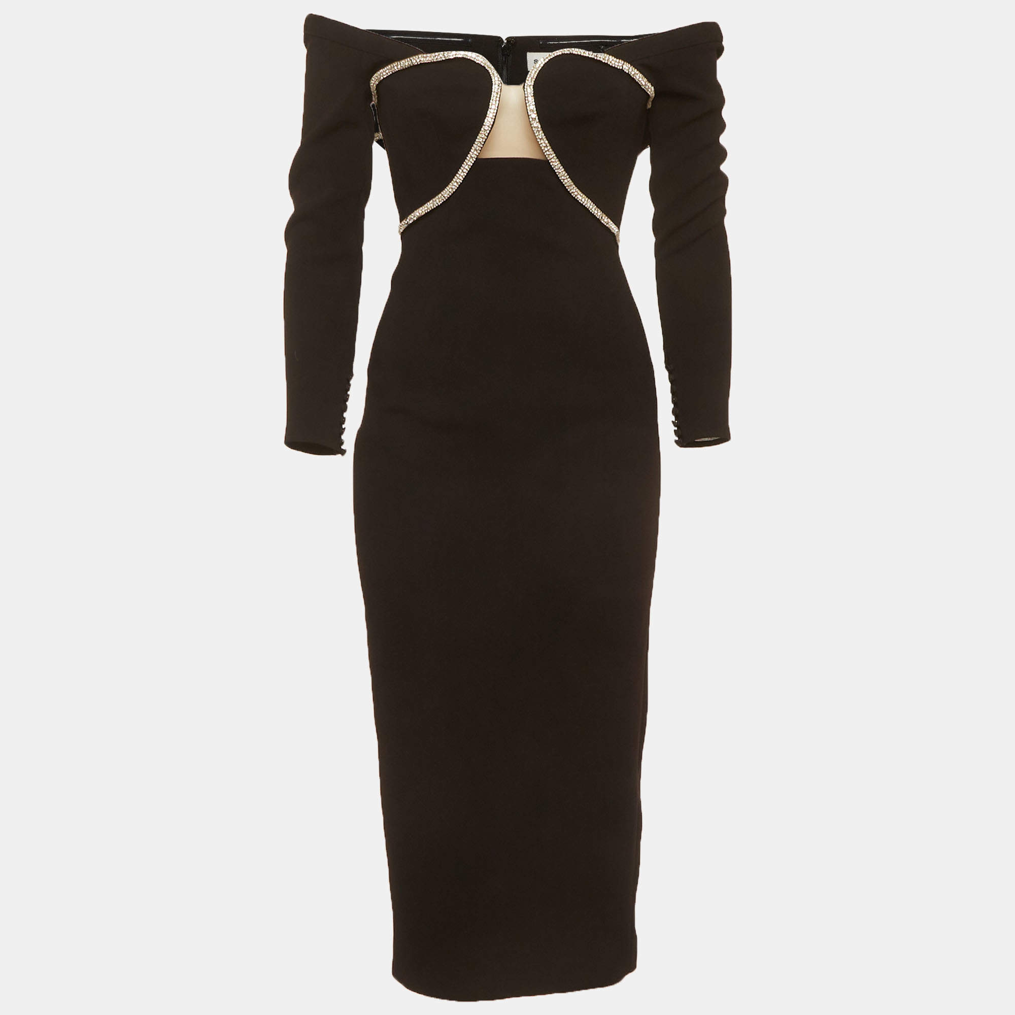 Pre Owned Self-Portrait Black Stretch Crepe Crystal Off-Shoulder Midi Dress XS