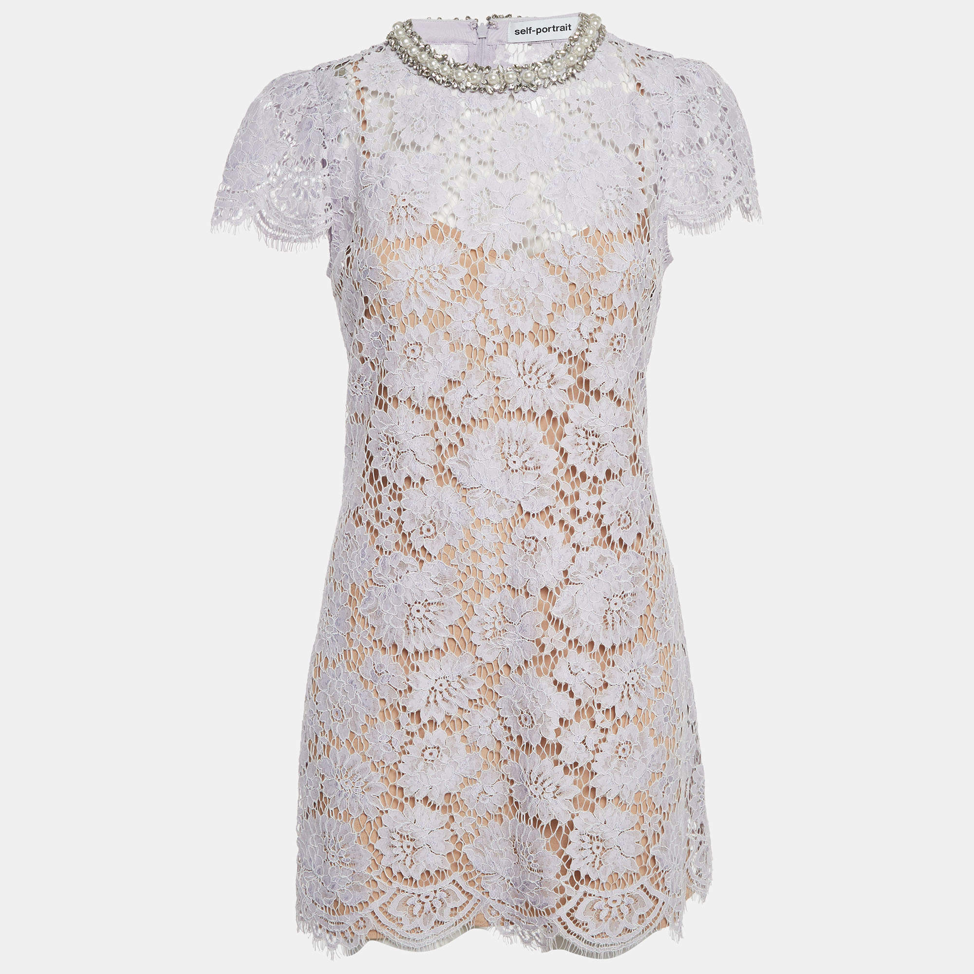 مملوكة مسبقًا Self-Portrait Lilac Lace Embellished Neck Mini Dress S