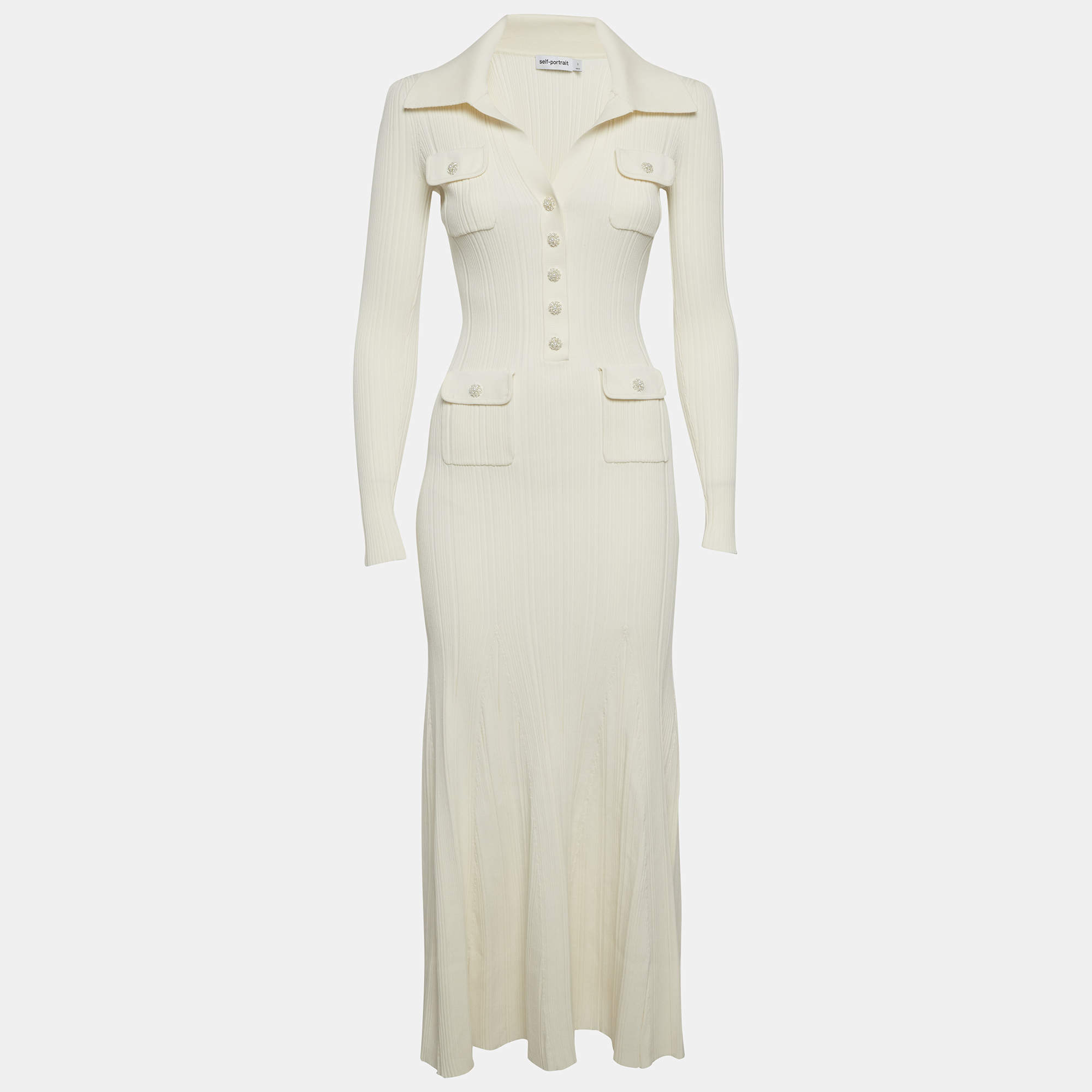 Pre Owned Self-Portrait Cream Rib Knit Midi Dress S