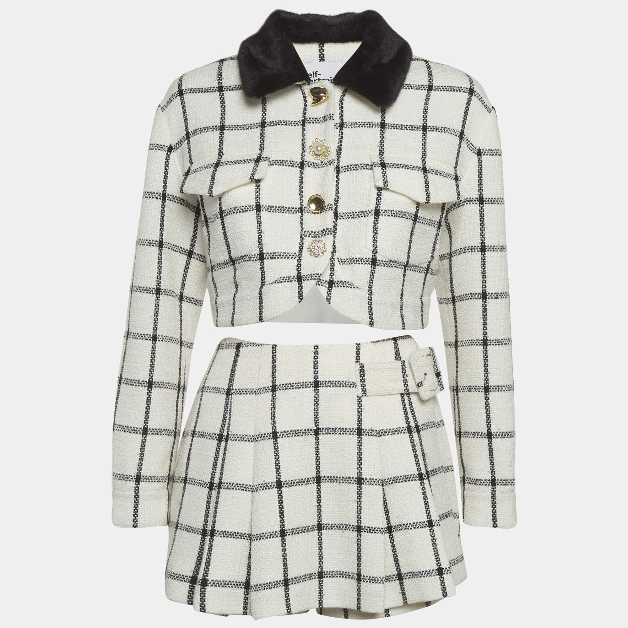 مملوكة مسبقًا جاكيت فرو توييد مربعات أوف وايت وبوكسر صغيرة سيلف بورتريه صغيّرة