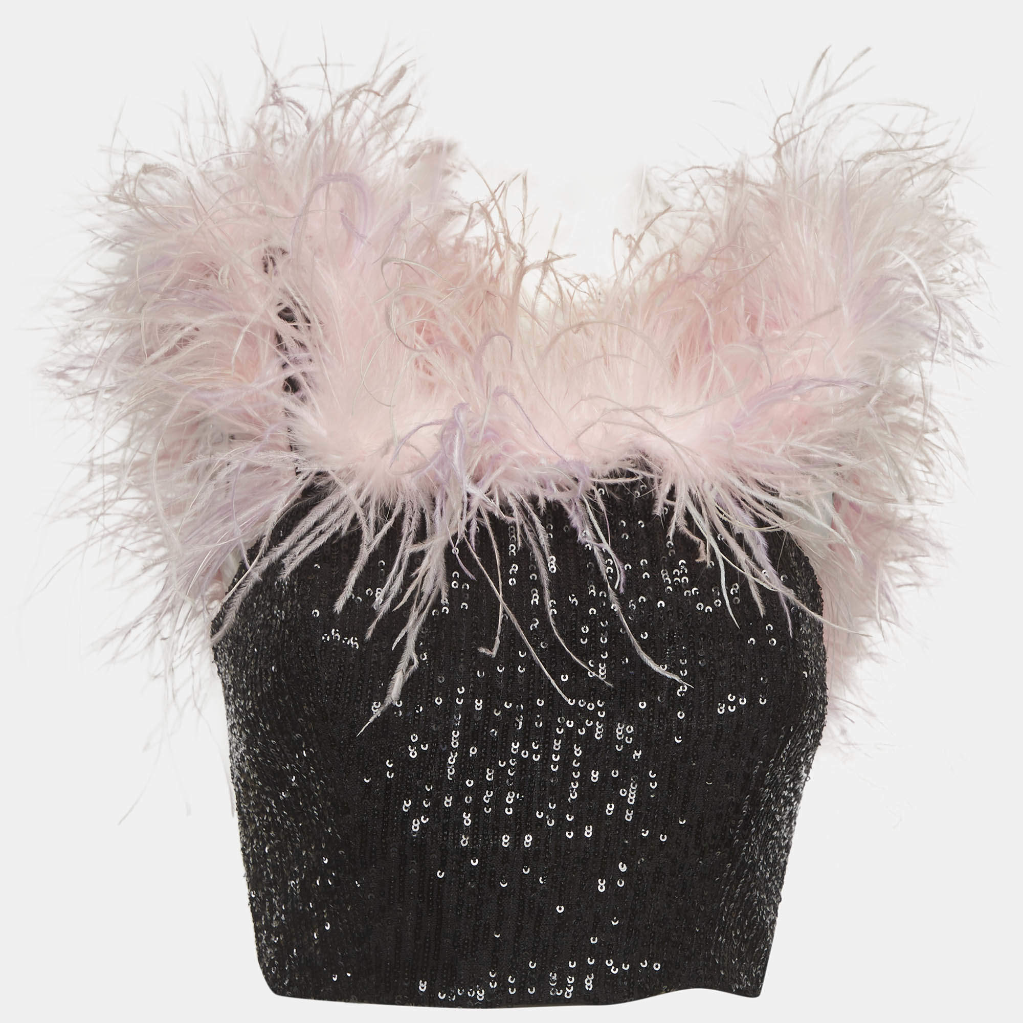 Pre Owned Self-Portrait Black Sequin Feather Off shoulder Crop Top S