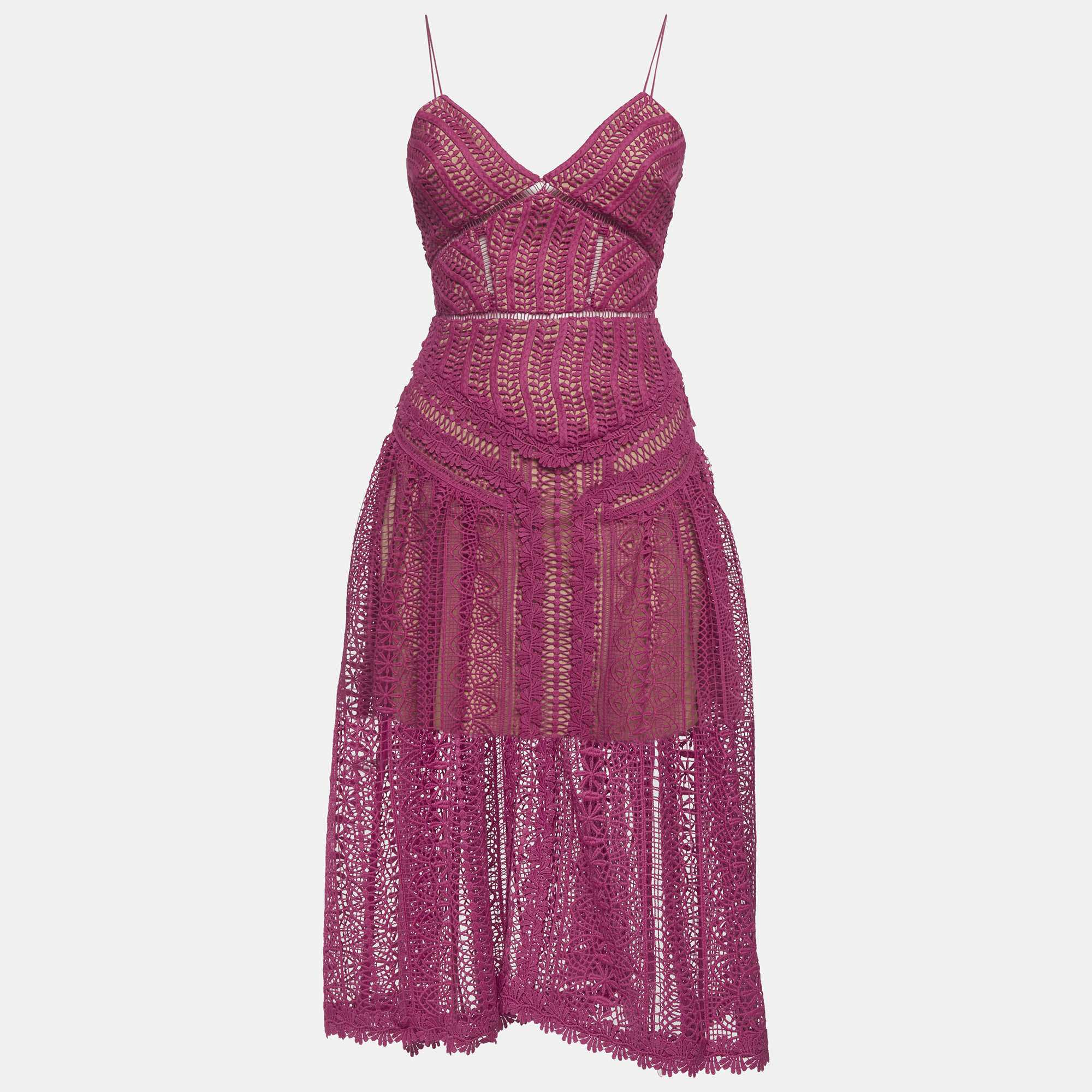 مملوكة مسبقًا فستان سيلف بورتريه متوسط الطول دانتيل غيبيور وردي واسع مقاس صغير (إكس صغير)