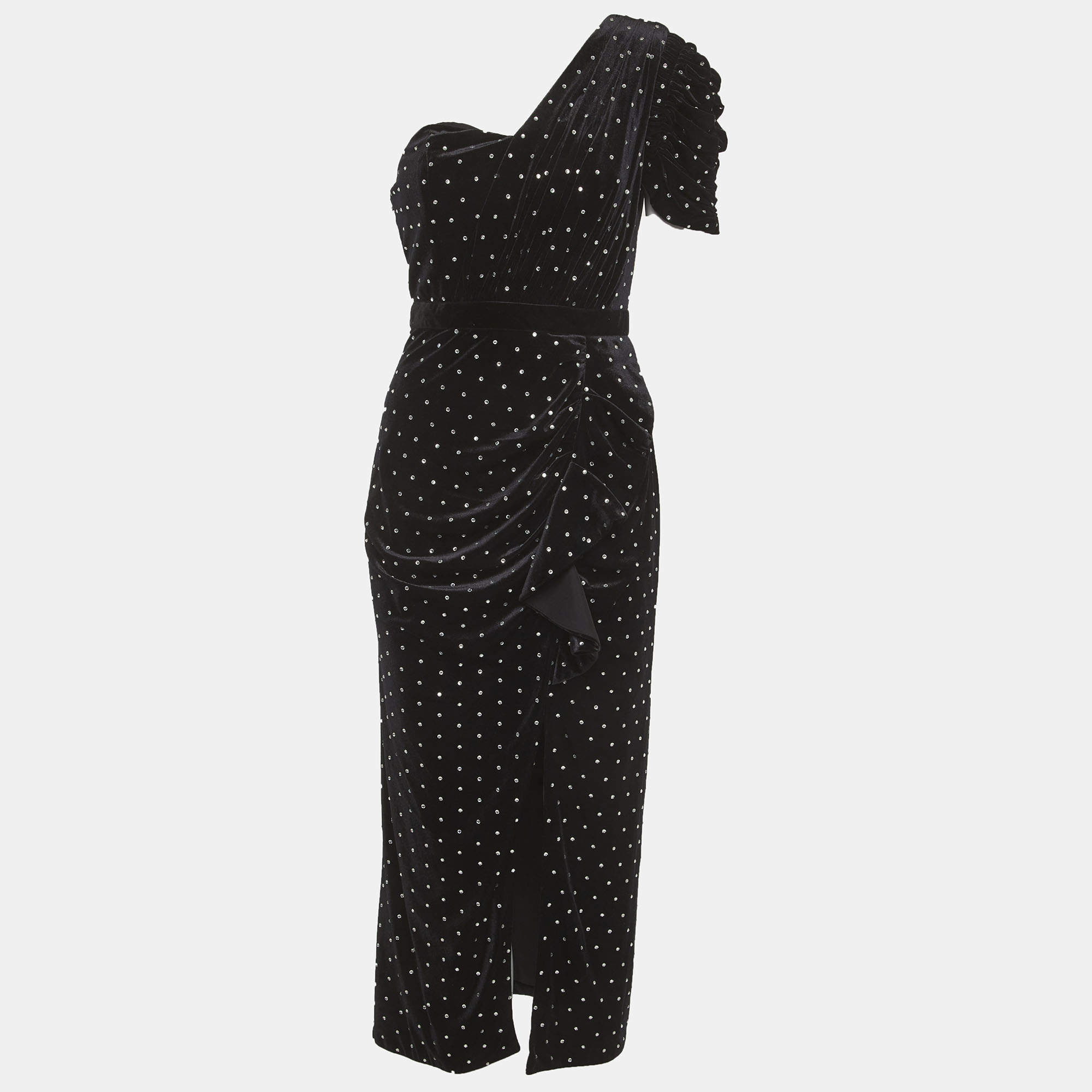 مملوكة مسبقًا Self-Portrait Black Velvet One-Shoulder Diamante Midi Dress S