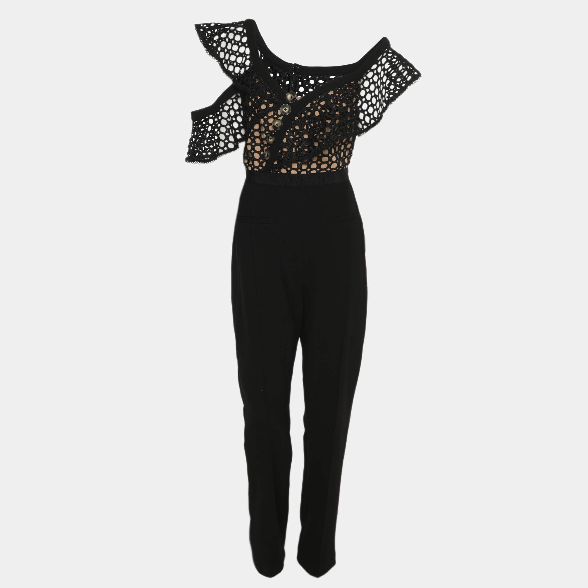 Pre Owned Self-Portrait Black Crepe and Lace Frill Asymmetric Jumpsuit L