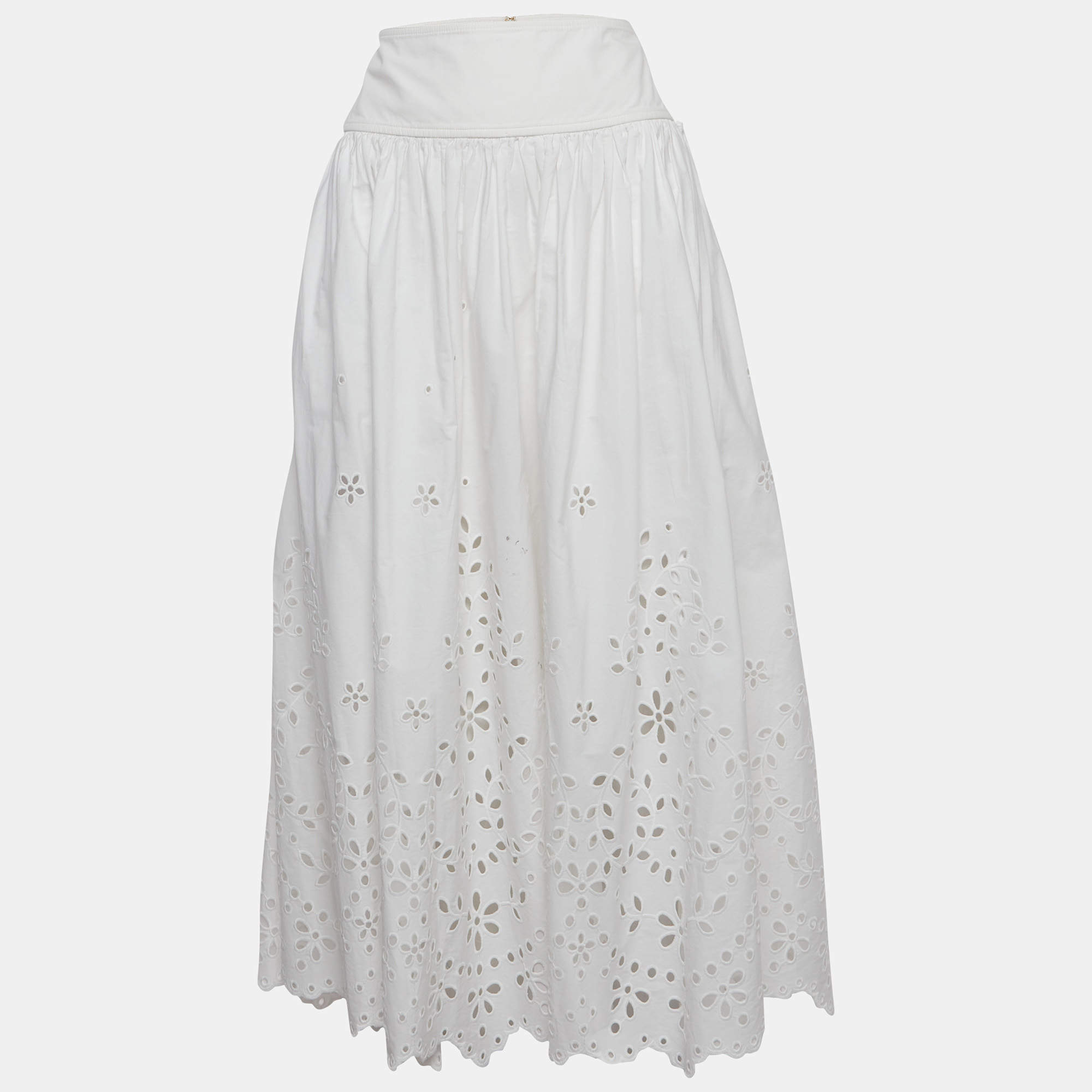 مملوكة مسبقًا Self-Portrait White Cotton Embroidered Midi Skirt S