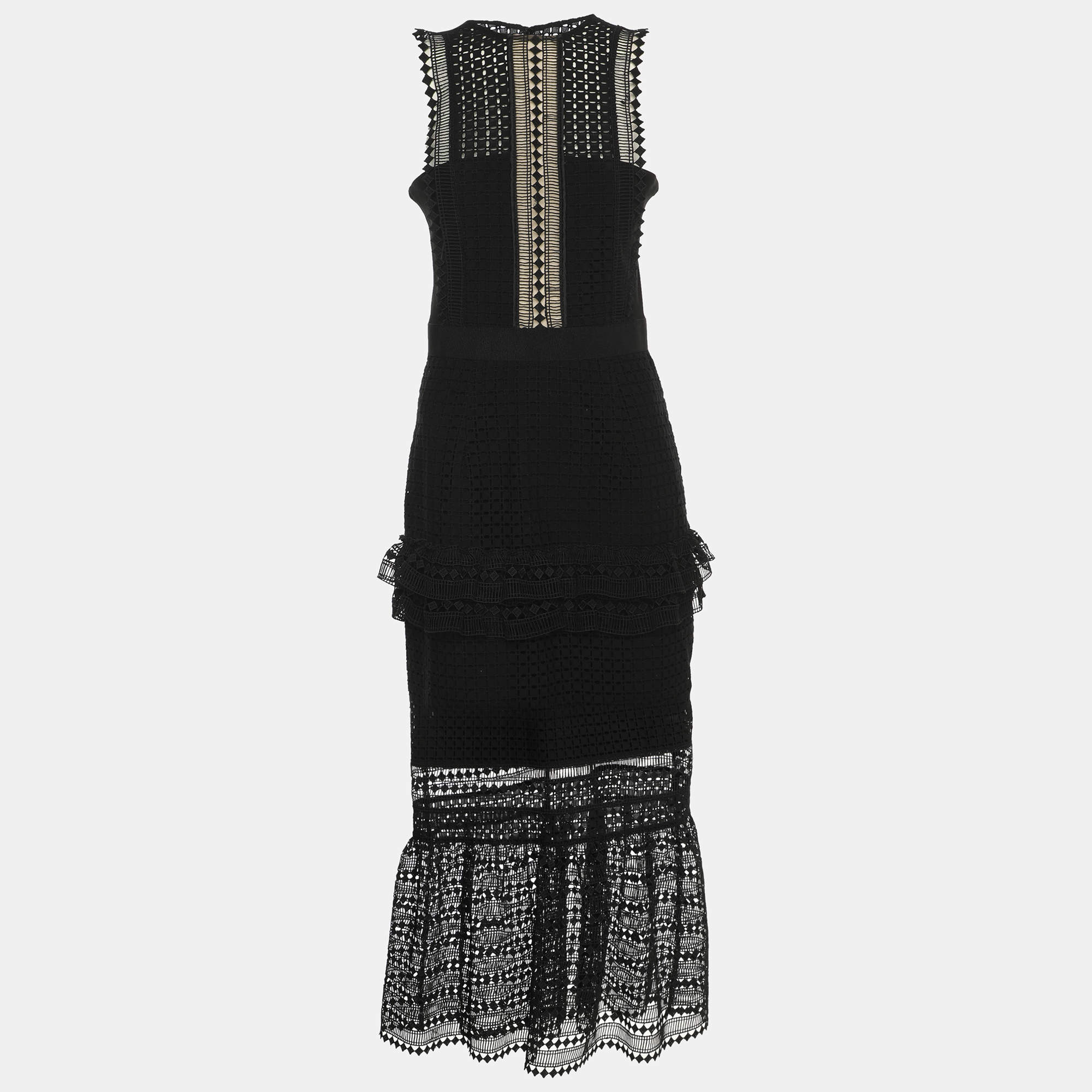 Pre Owned Self-Portrait Black Guipure Lace Tiered Midi Dress S