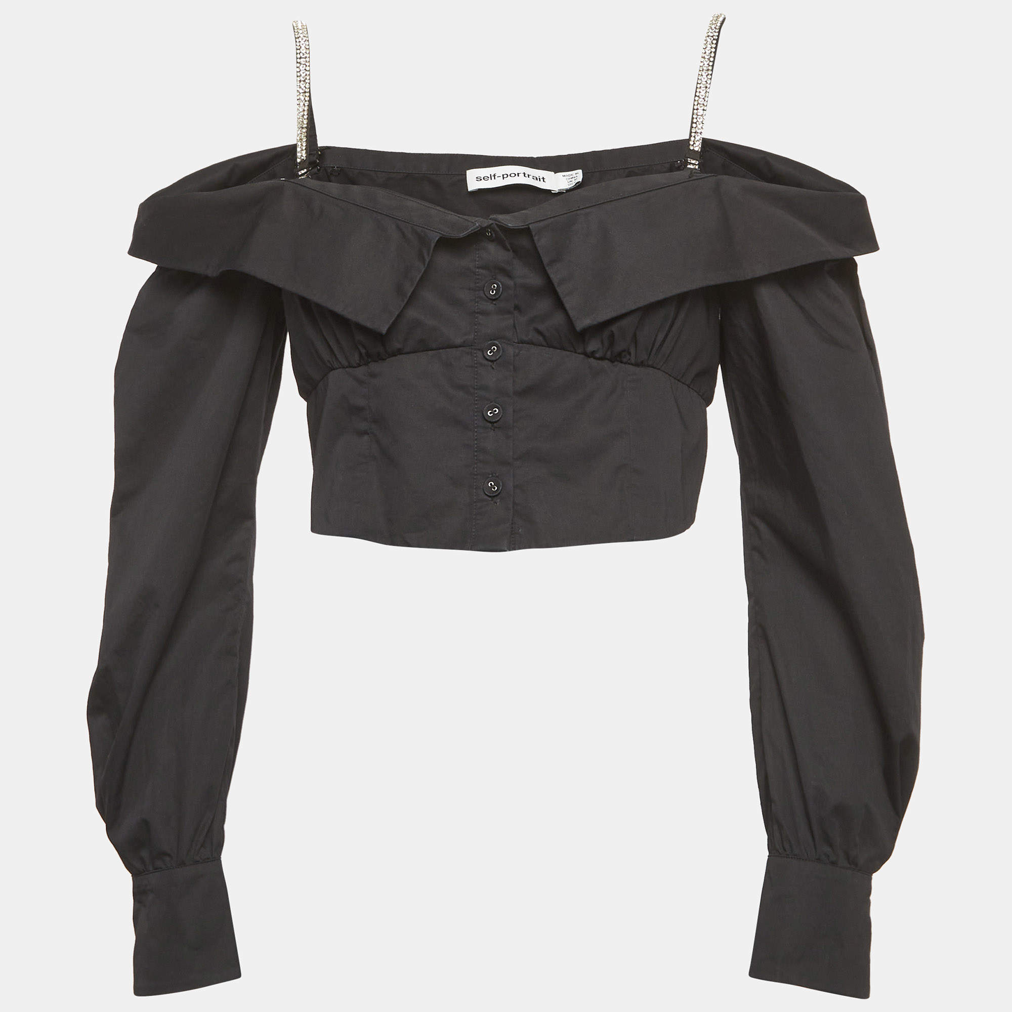 مملوكة مسبقًا Self-Portrait Black Cotton Embellished Off Shoulder Crop Top M