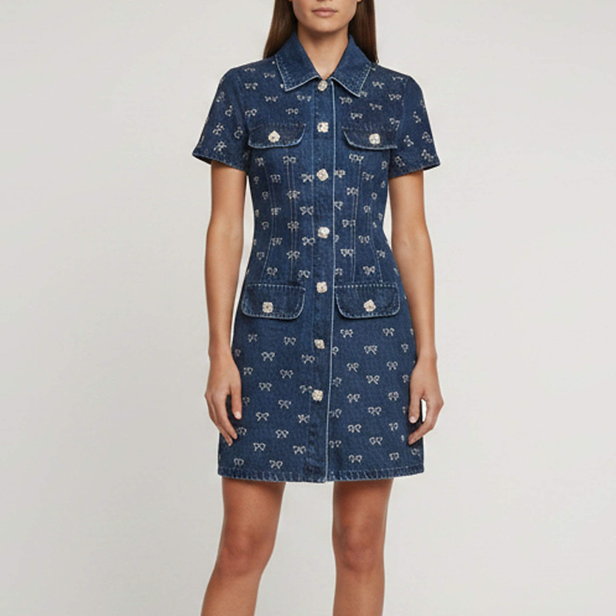 Pre Owned Self-Portrait Blue Denim Diamante Bow Mini Dress M