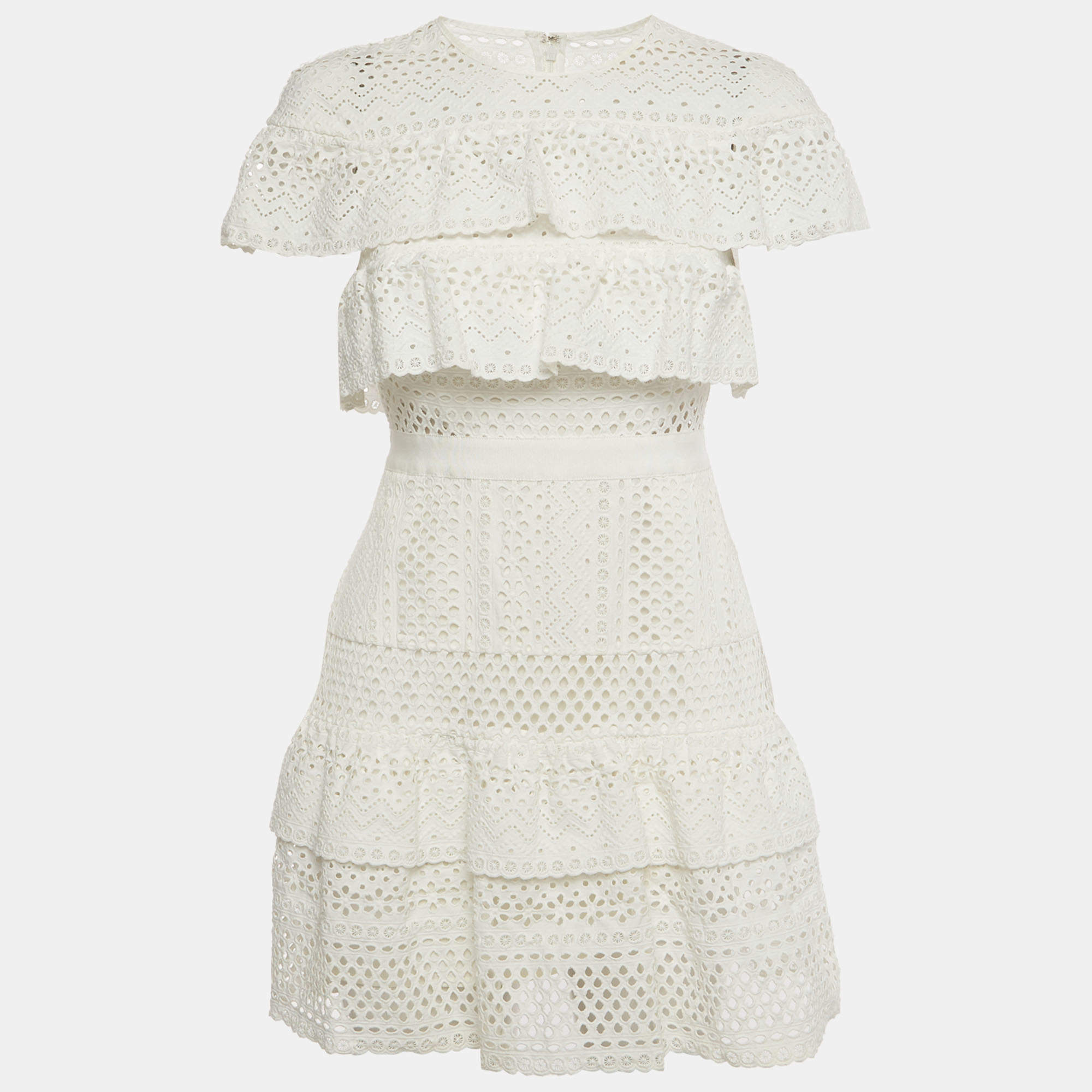 Pre Owned Self-Portrait White Floral Broderie Anglaise Ruffled Mini Dress M