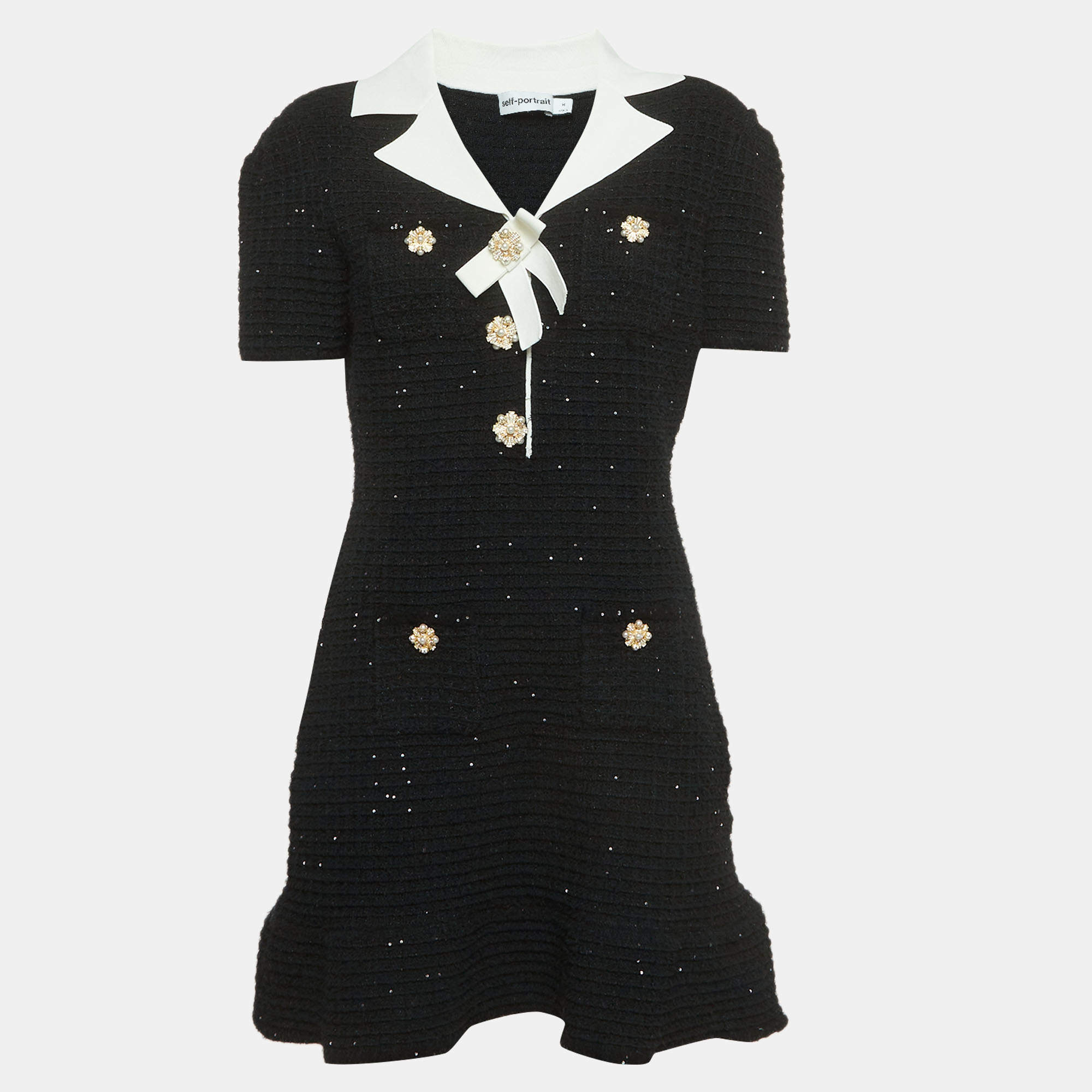 Pre Owned Self-Portrait Black Sequined Knit Bow Mini Dress M 