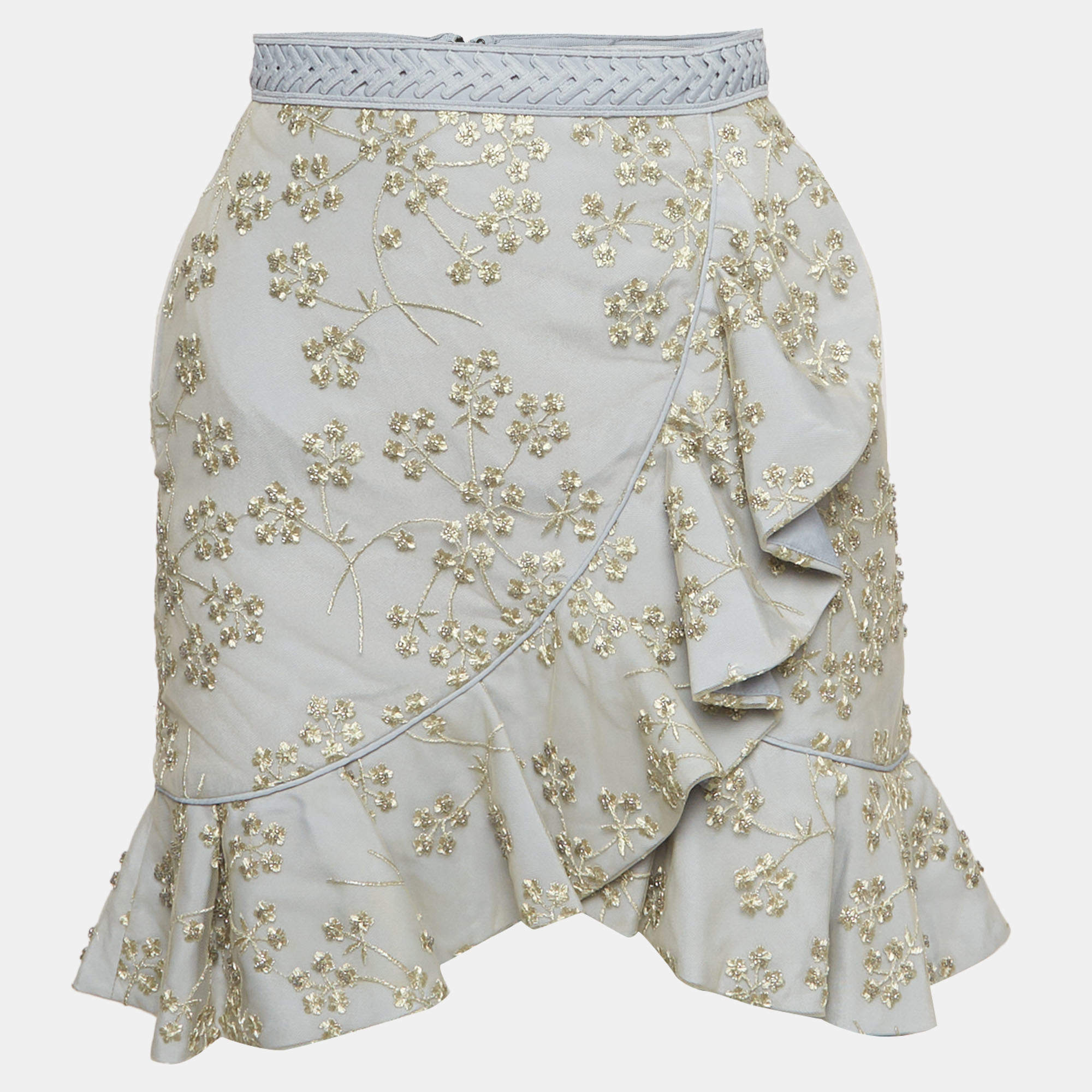 Pre Owned Self-Portrait Grey Floral Embroidered Mesh Asymmetric Mini Skirt S