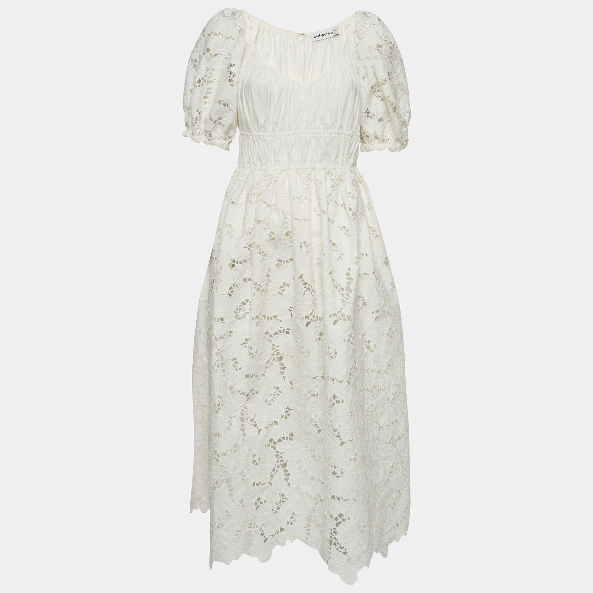 Pre Owned Self-Portrait White Floral Lace Flared Midi Dress L