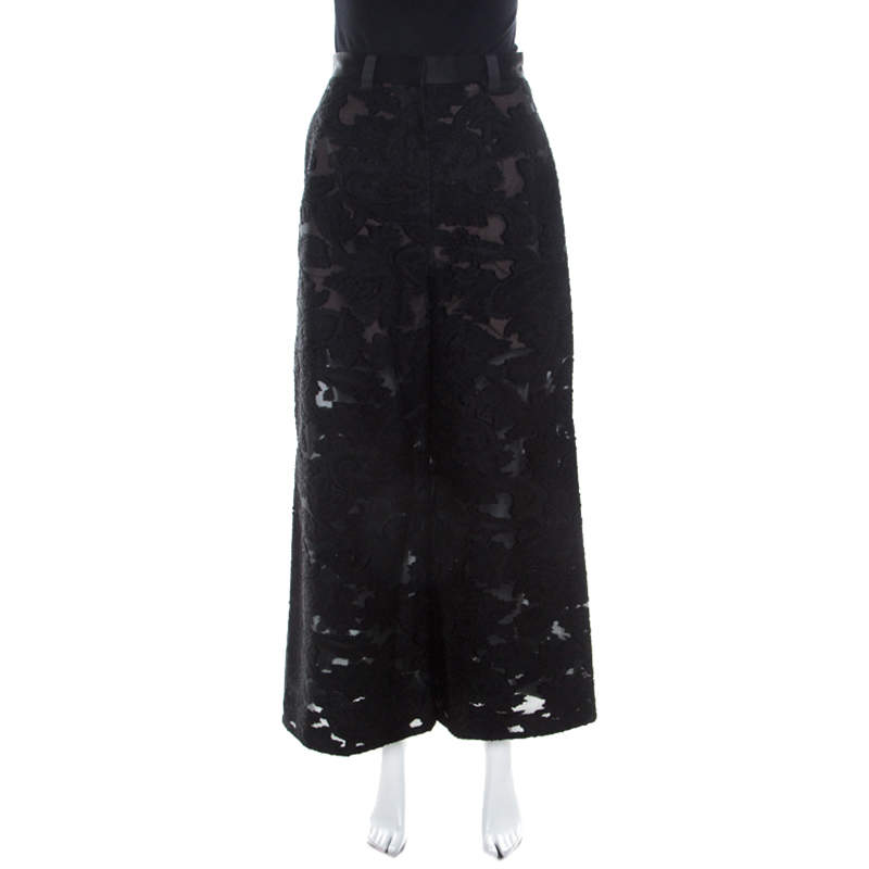 Pre Owned Self Portrait Black Embroidered Organza and Lace High Waist Flared Trousers S