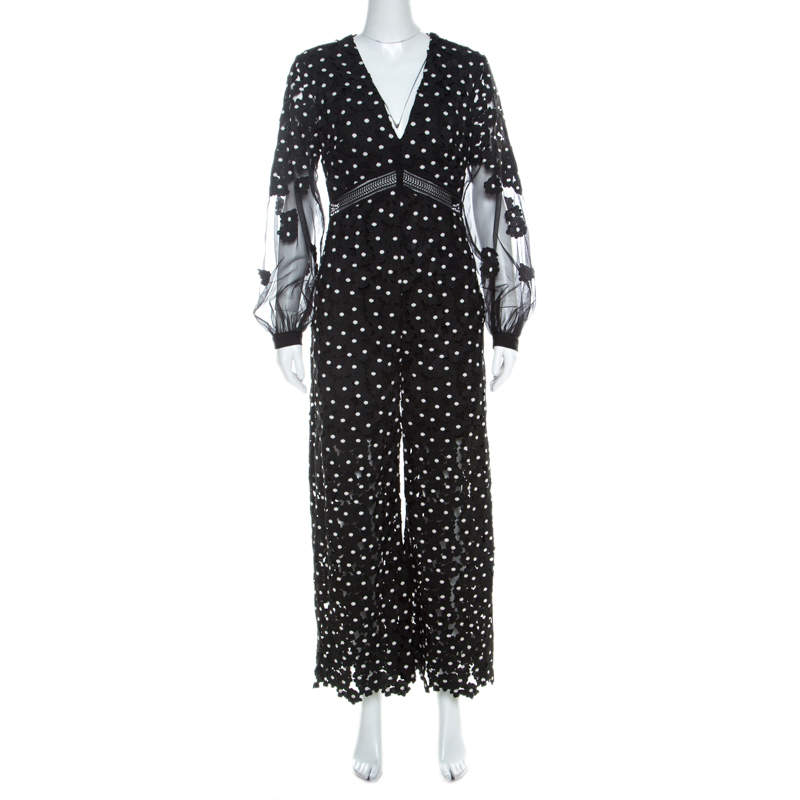 Pre Owned Self Portrait Black Daisy Dot Lace Jumpsuit M