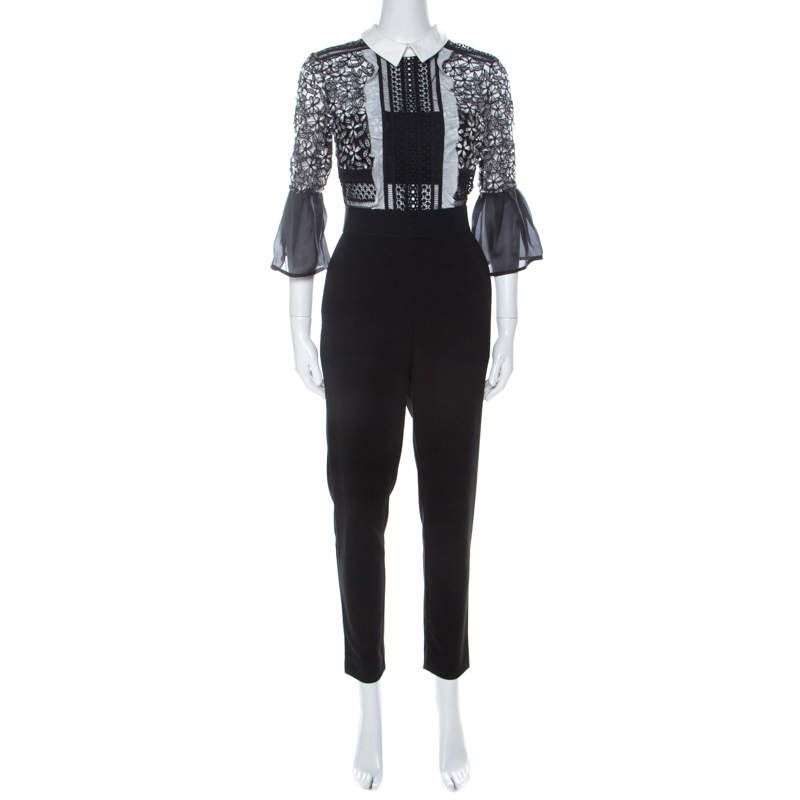 Pre Owned Self-Portrait Black & White Lace Bodice Bell Sleeve Jumpsuit M