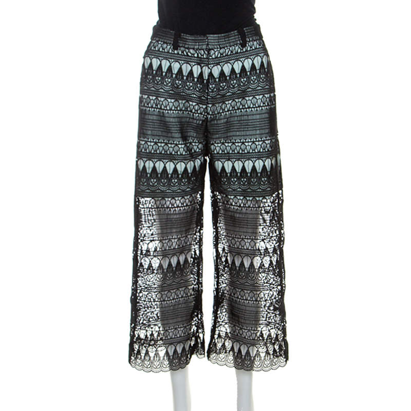 Pre Owned Self-Portrait Black Sheer Guipure Lace Culottes S