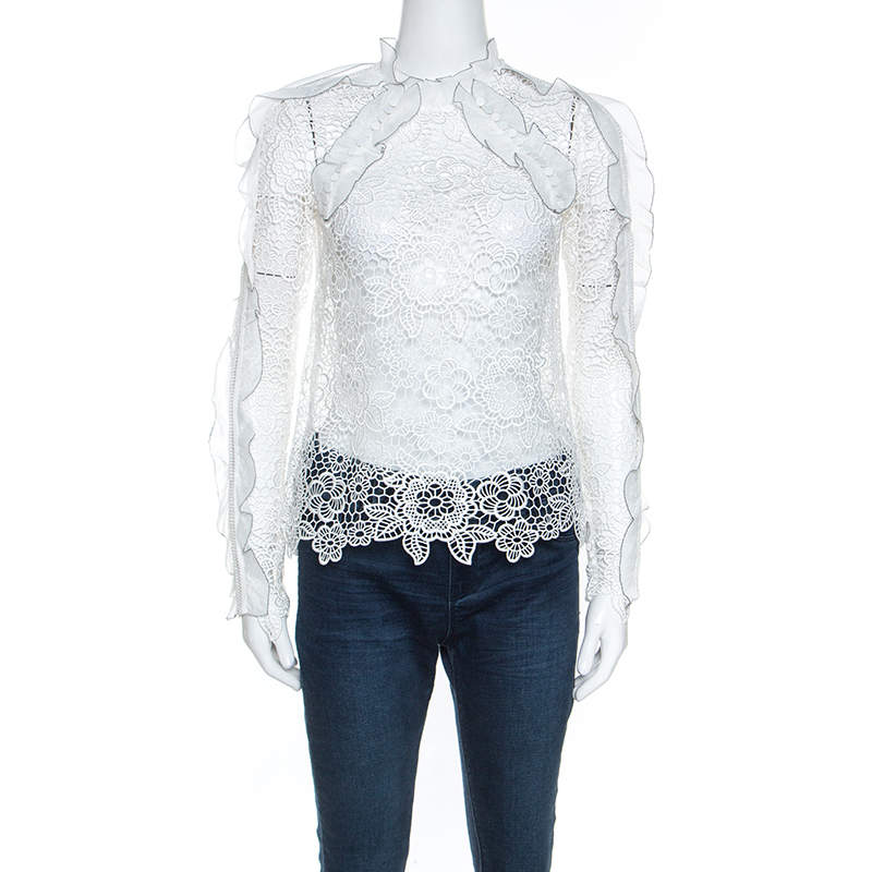 Pre Owned Self Portrait White Cutout Ruffle Detail Guipure Lace Top S